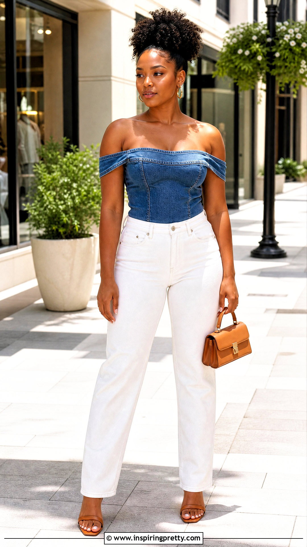 Denim Off Shoulder Top With Curly High Puff and White Jeans - 50 hairstyle for off shoulder top outfit ideas