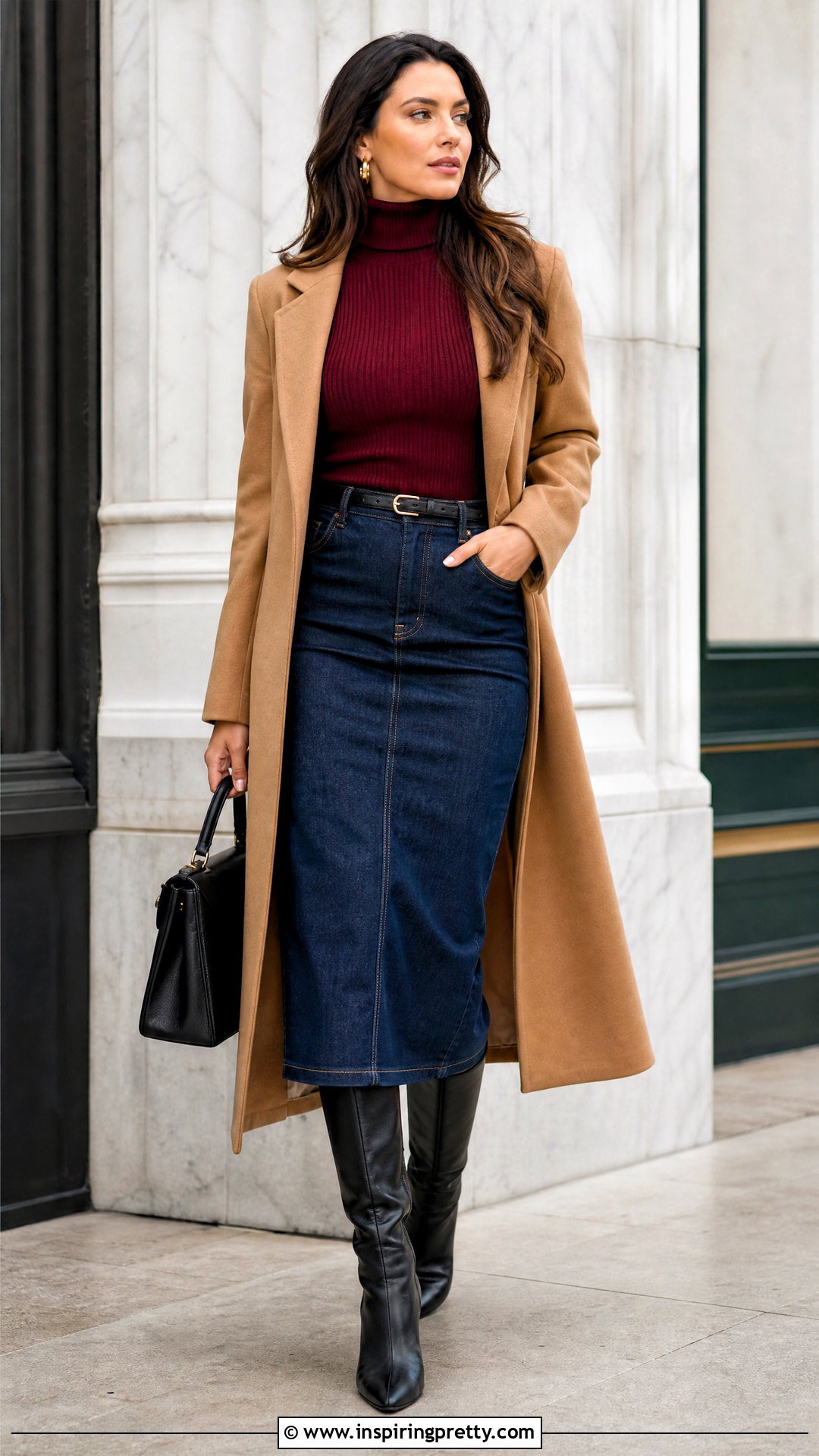 Denim Pencil Skirt And Turtleneck Outfit - 50 denim skirt and top outfit ideas