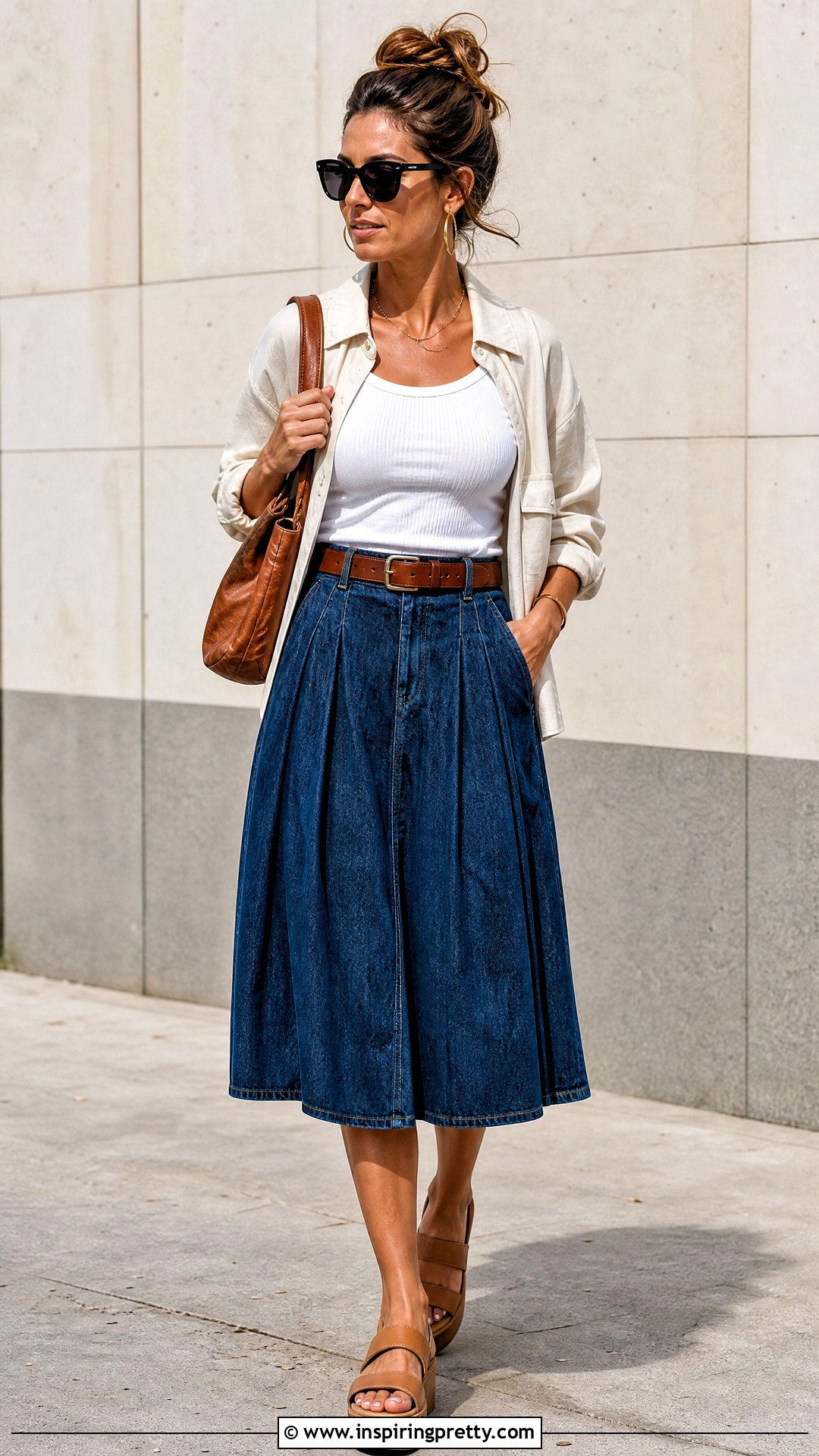 Denim Pleated Skirt With Ribbed Tank Top - 50 pleated skirt and top outfit ideas