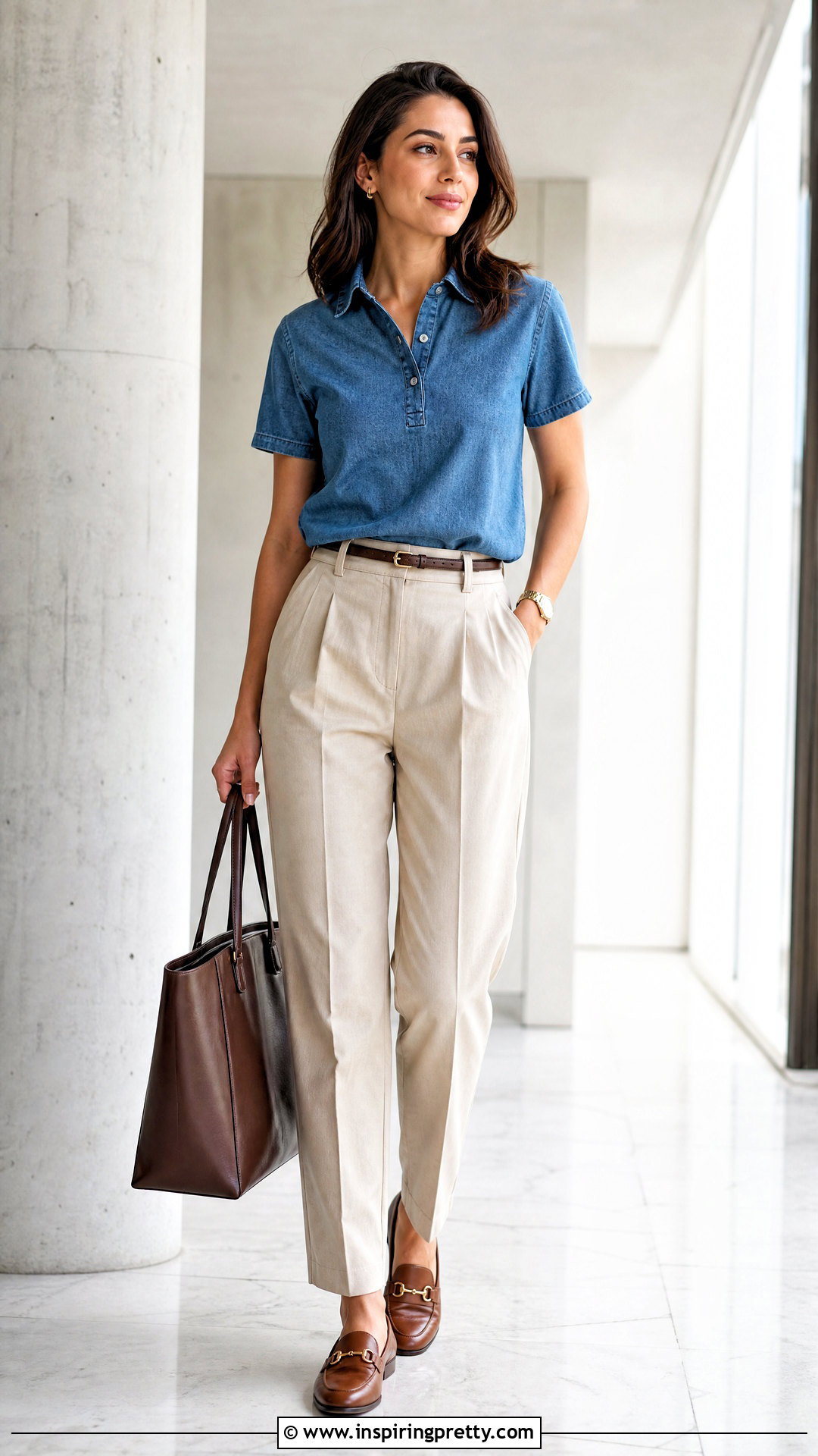 Denim Polo Top With Pleated Pants - 50 jean tops for women
