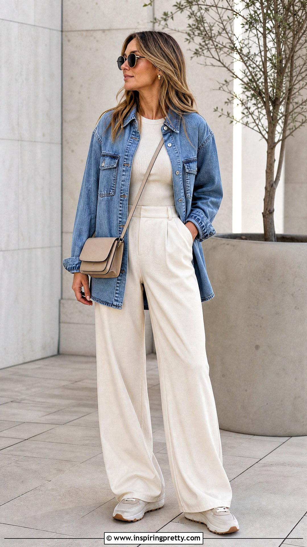 Denim Shacket With Ribbed Top And Trousers Outfit - 50 denim tops outfit ideas for women