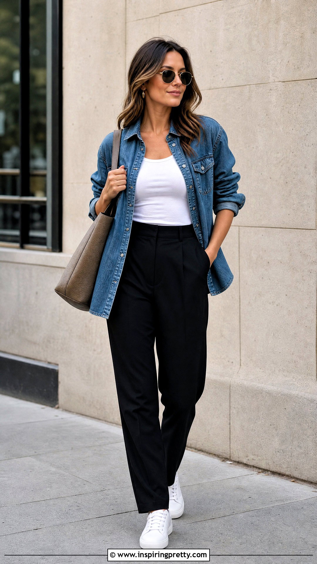 Denim Shacket With a Tank and Trousers - 50 denim top styling ideas