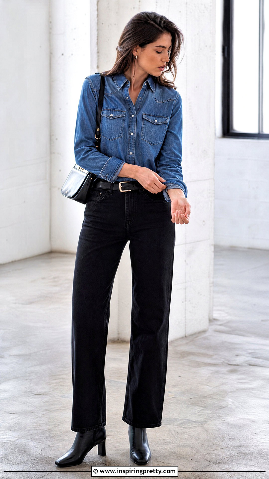 Denim Shirt And Black Jeans Side Facing Pose - 50 Poses In Jeans Top Aesthetic Ideas