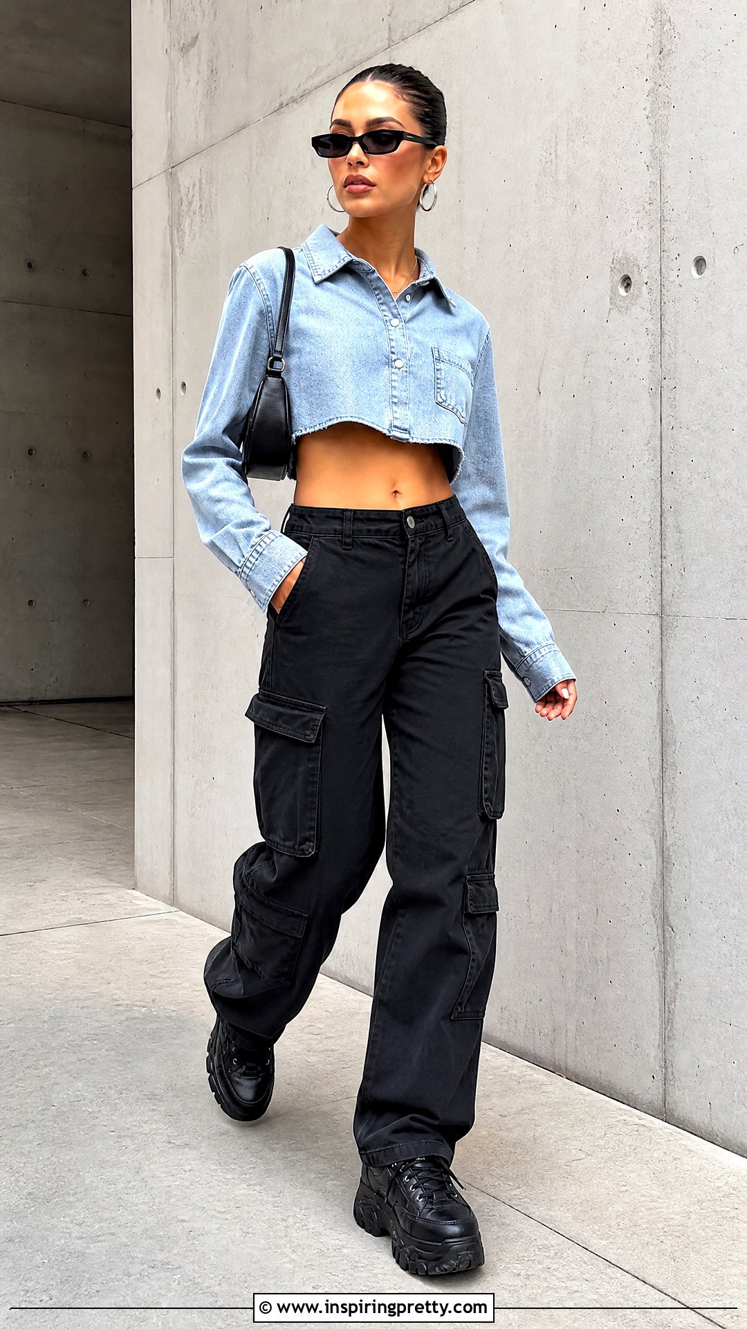 Denim Shirt Crop Top With Black Cargo Pants - 25 Denim Shirt Crop Top outfit ideas