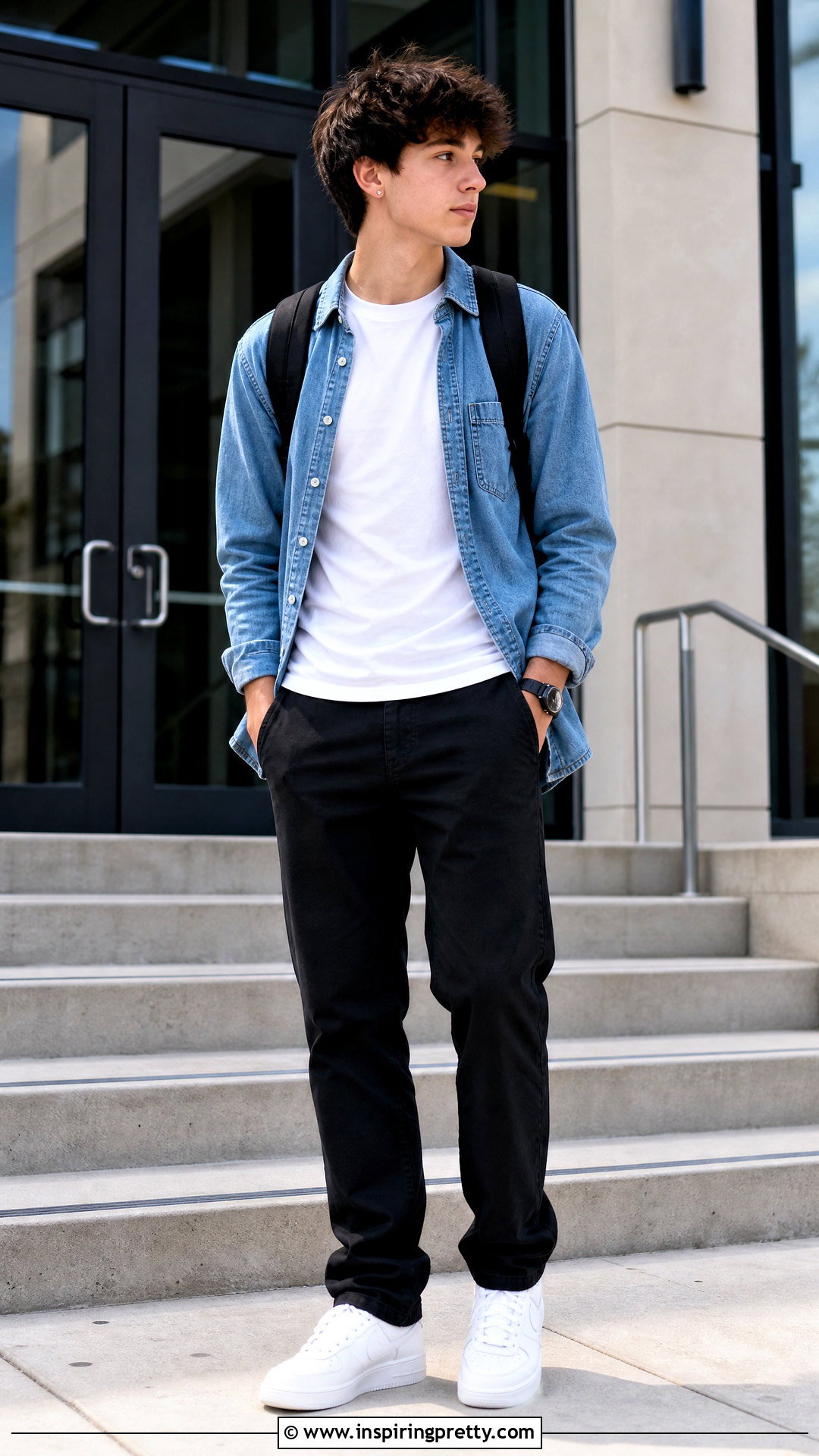 Denim Shirt Top And Black Pants Outfit - 50 cute tops for school ideas