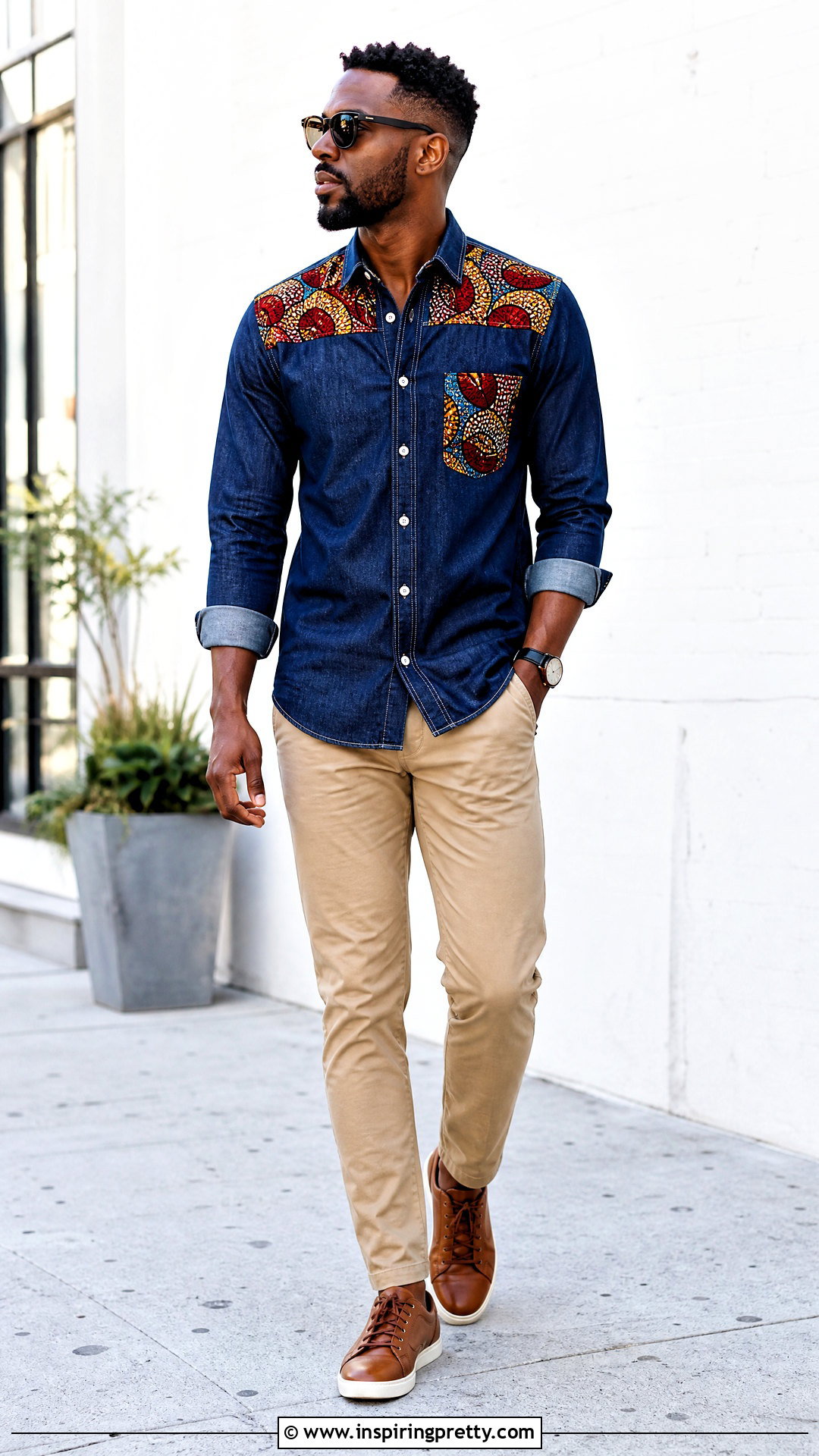 Denim Shirt With Ankara Panels And Chinos - 50 ankara top for men outfit ideas