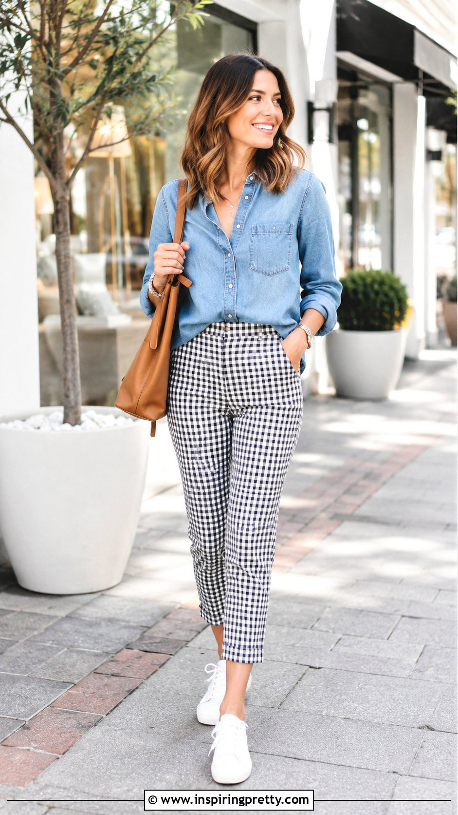 Denim Shirt With Black And White Checkered Pants - 25 Tops To Wear With Black And White Checkered Pants
