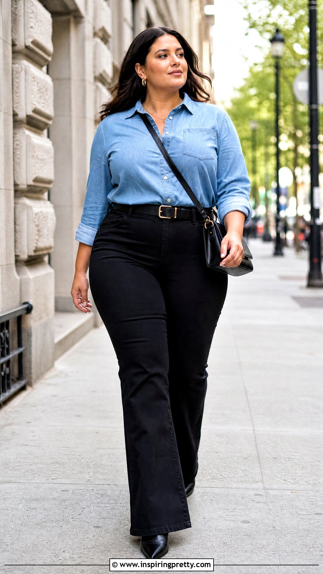 Denim Shirt With Black Flared Pants - 50 busty women tops outfit ideas