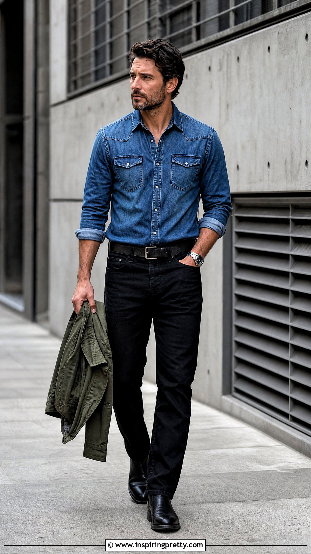 Denim Shirt With Black Jeans - 50 mens tops outfit ideas