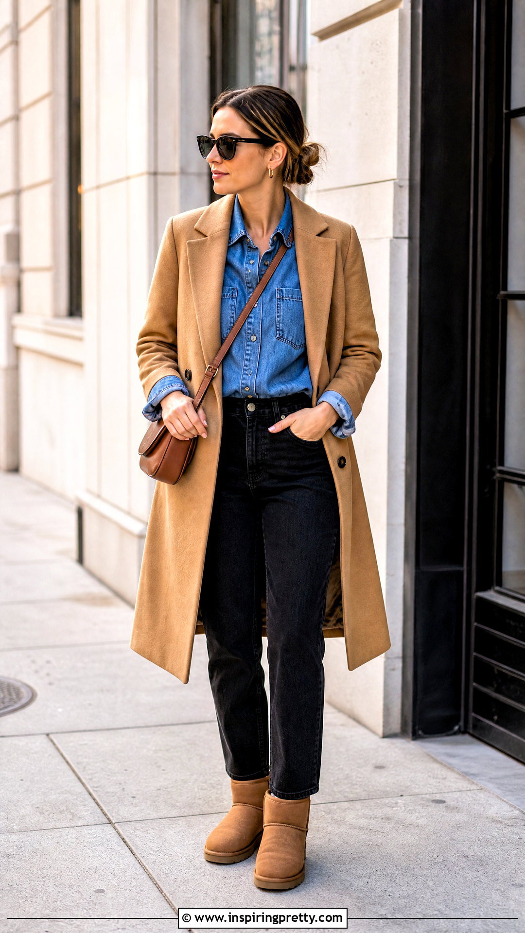 Denim Shirt With Black Jeans And UGG Boots - 20 ugg tops outfit ideas
