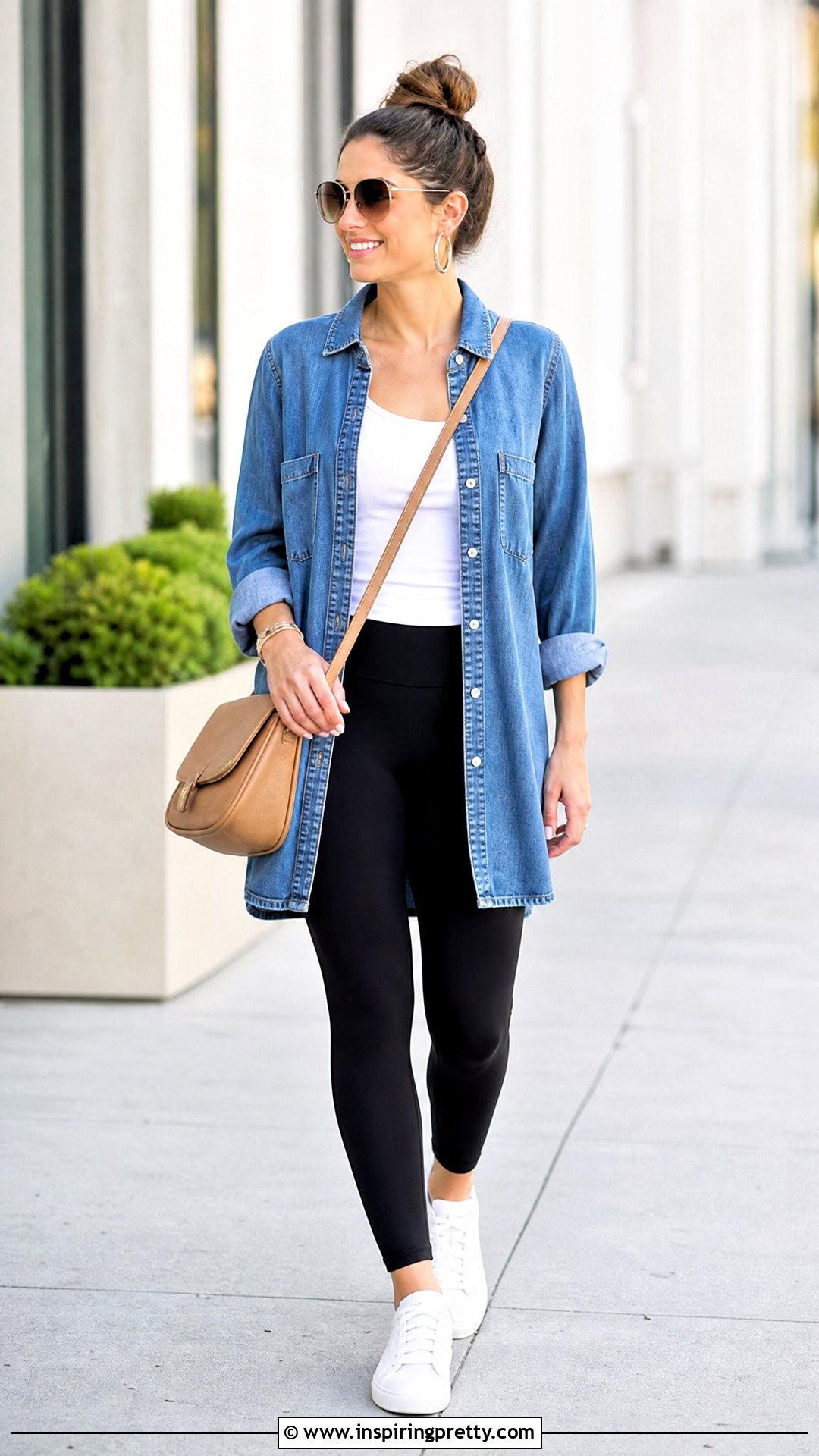 Denim Shirt With Black Leggings And Sneakers - 25 leggin tops designs