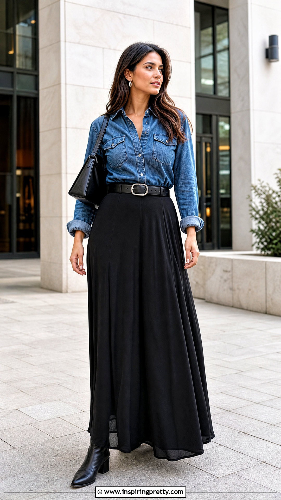 Denim Shirt With Black Maxi Skirt - 50 shirt tops for women