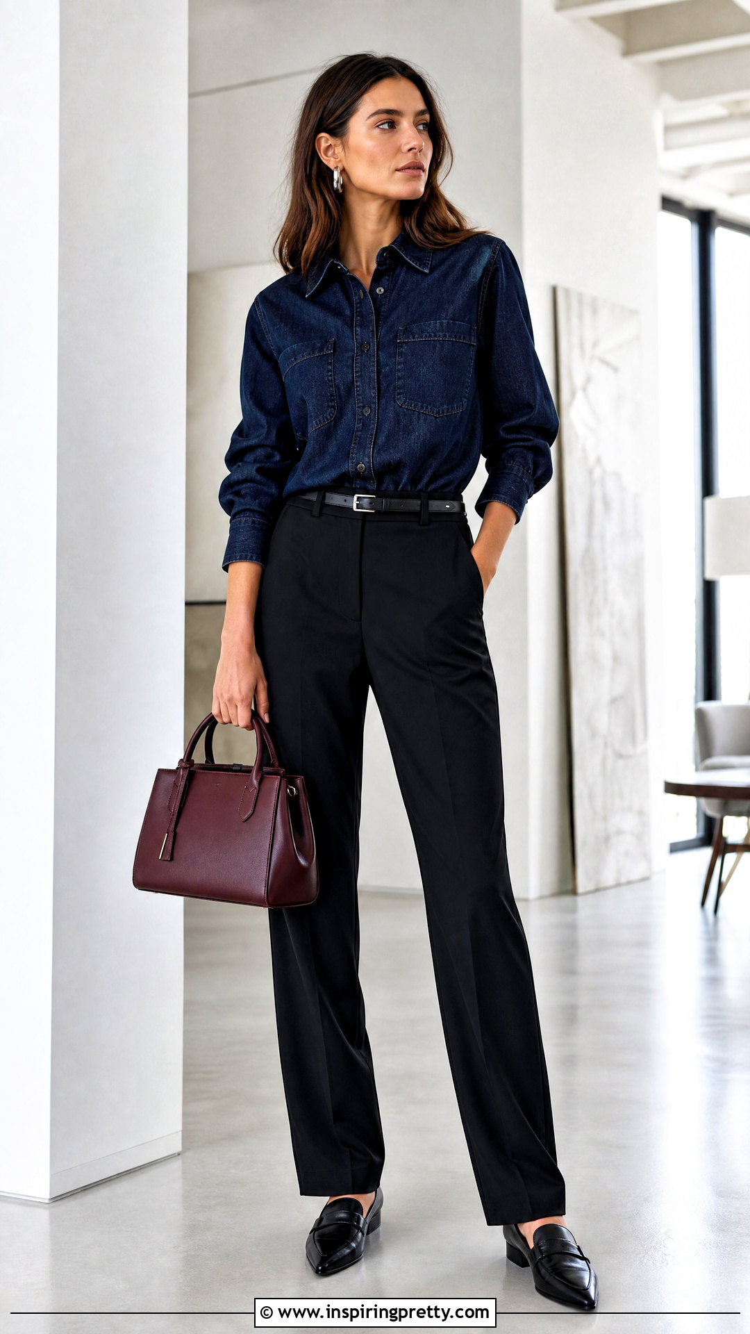 Denim Shirt With Black Trousers Outfit - 50 denim tops outfit ideas for women