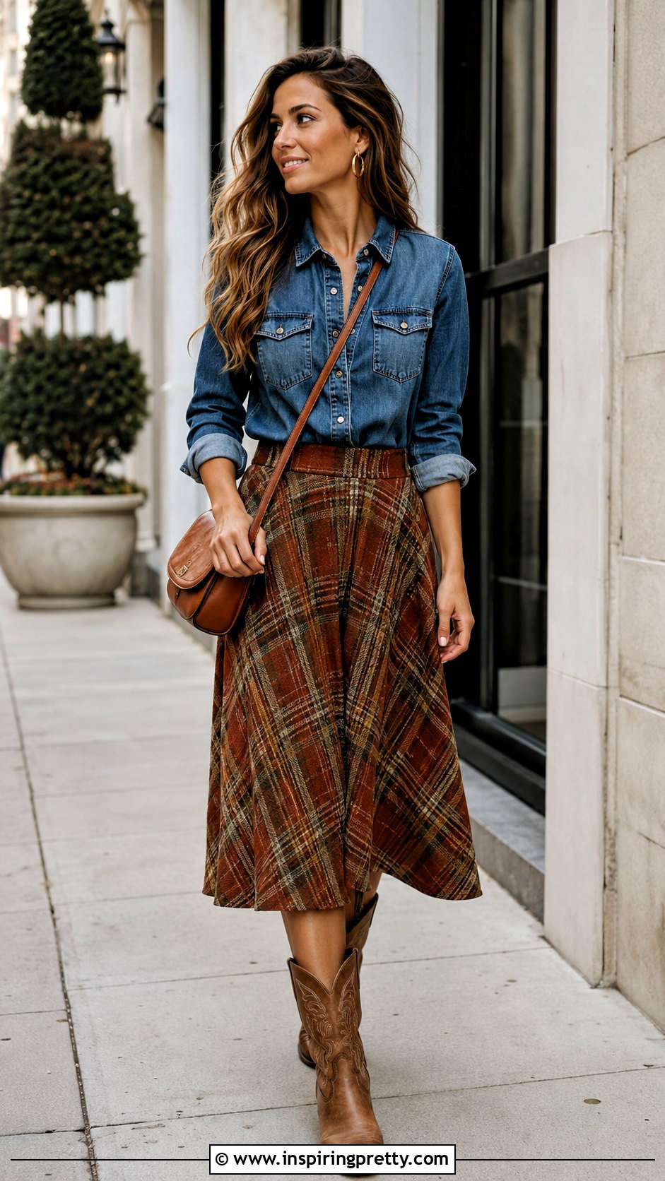 Denim Shirt With Plaid Skirt and Western Boots - 20 tops to wear with plaid skirts