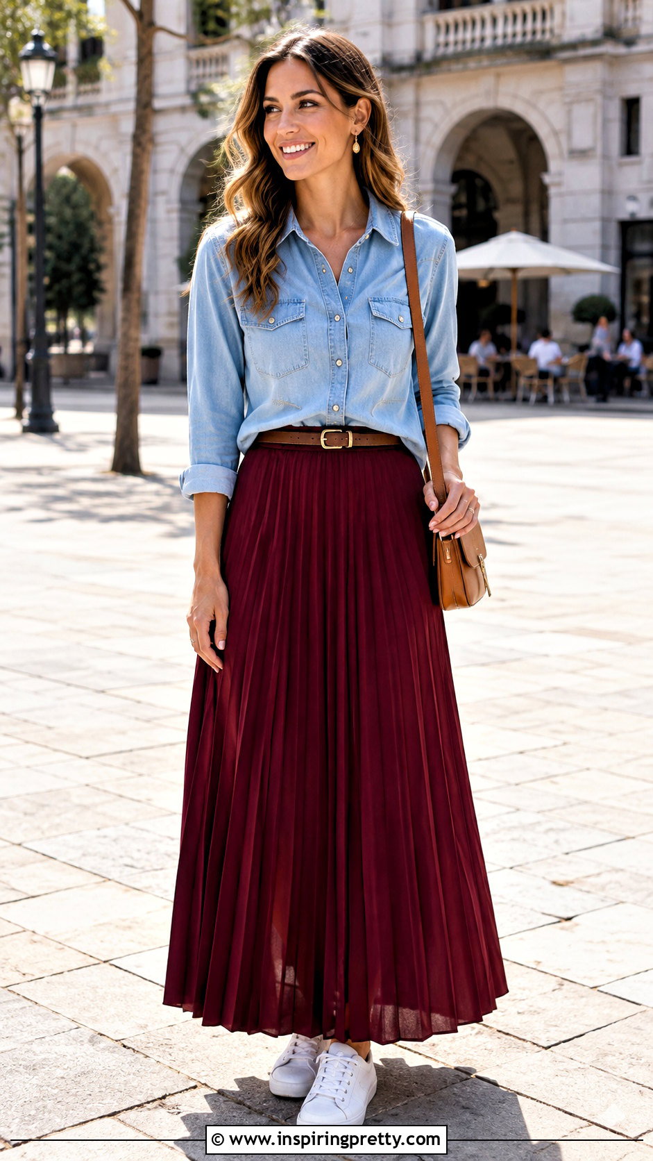 Denim Shirt With Pleated Maxi Skirt - 50 tops for skirts ideas