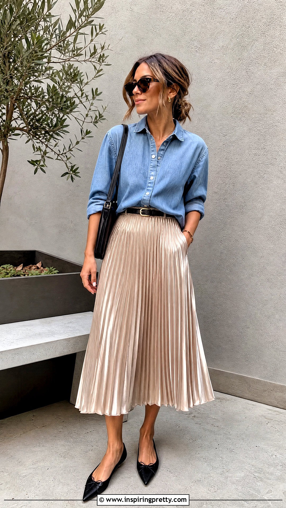 Denim Shirt With Pleated Midi Skirt - 50 nice tops outfit ideas