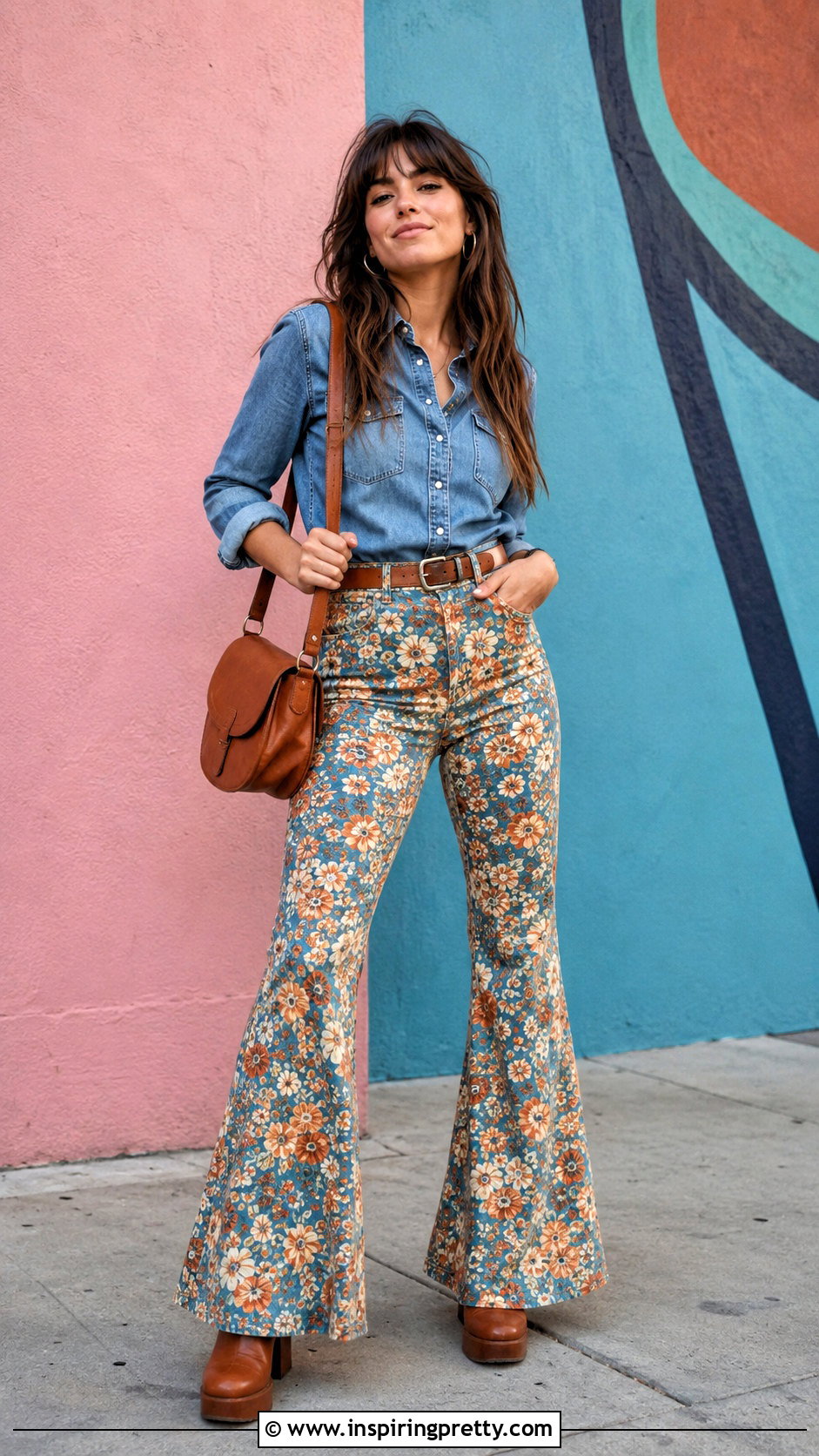 Denim Shirt With Printed Flare Pants - 20 Retro 70S Tops outfit ideas