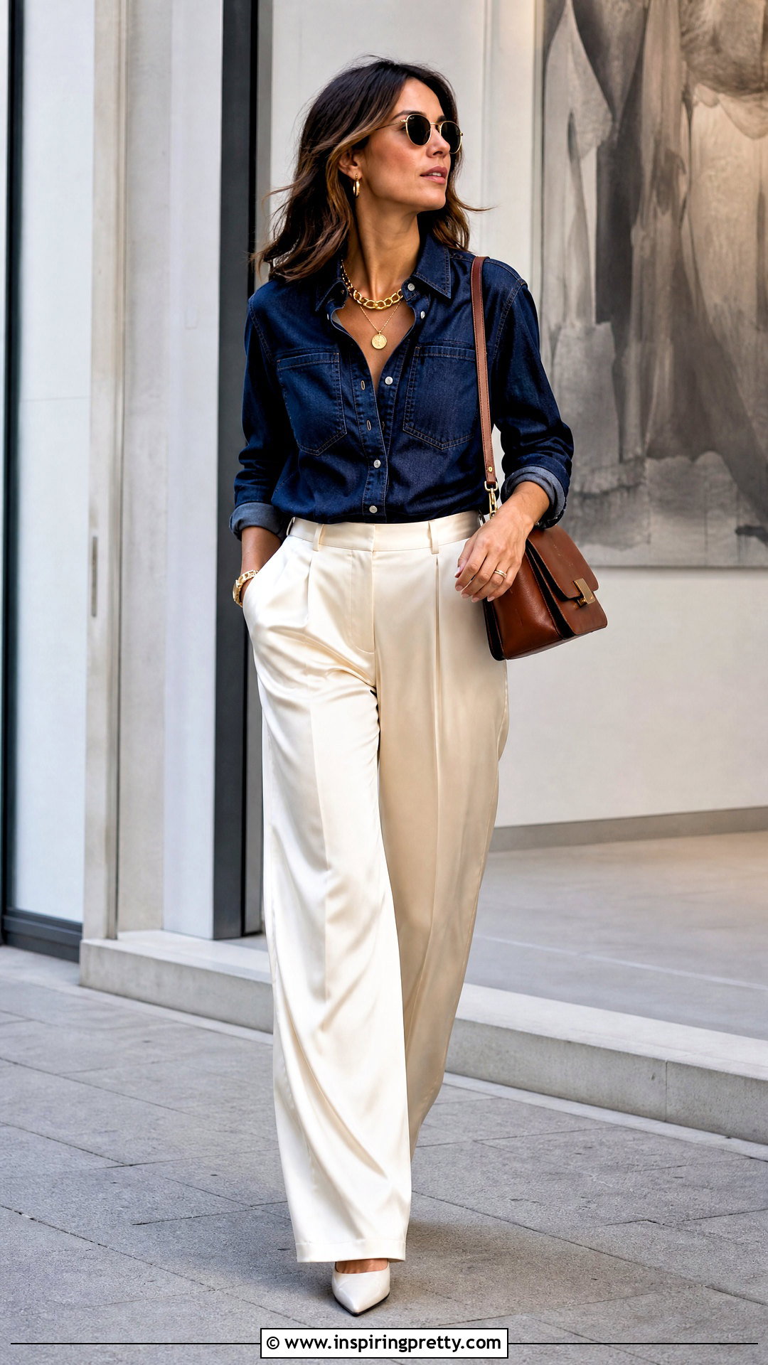 Denim Shirt With Satin Trousers - 50 trendy tops for women classy ideas