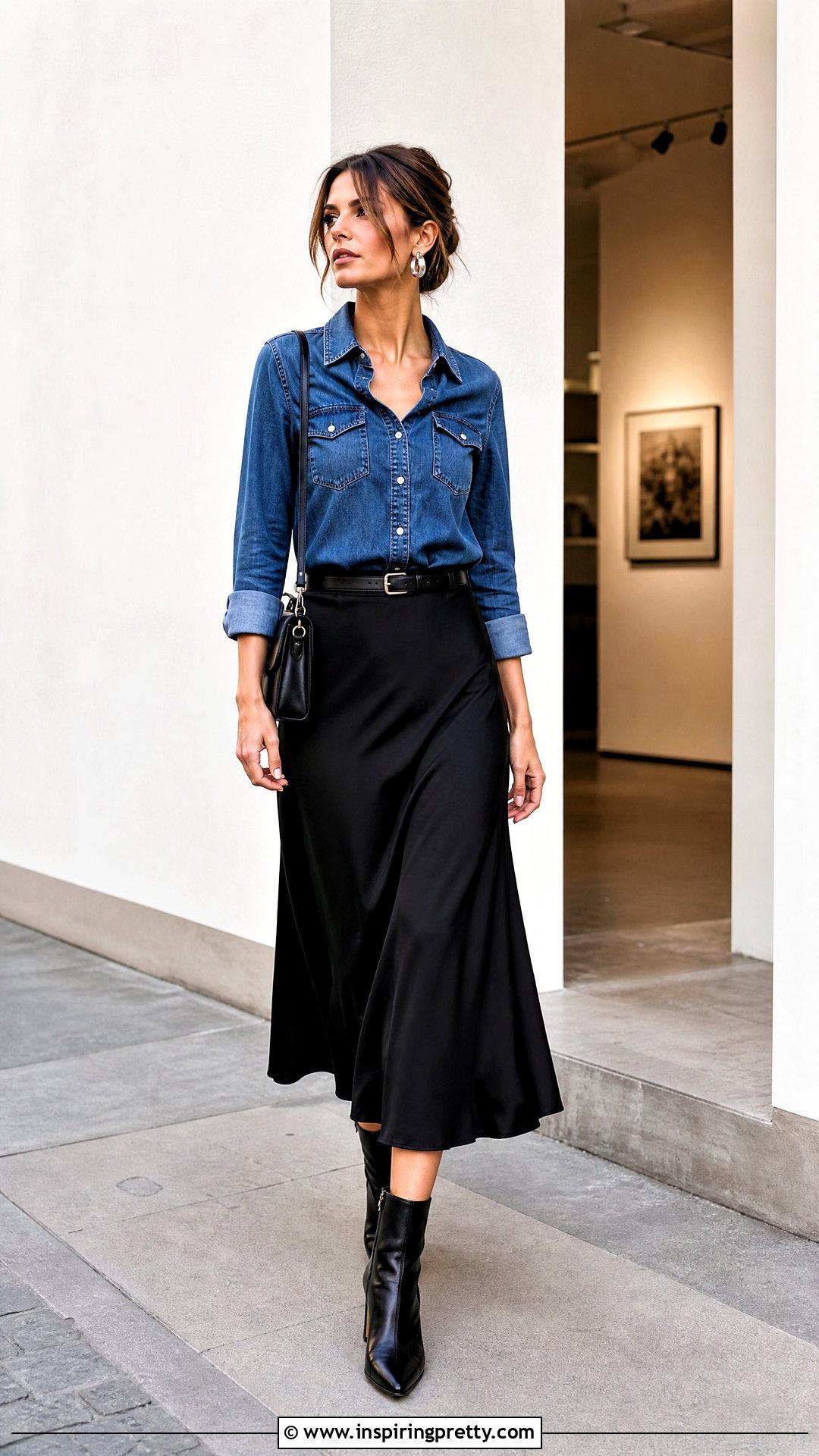 Denim Shirt With a Black Midi Skirt - 50 denim top styling ideas