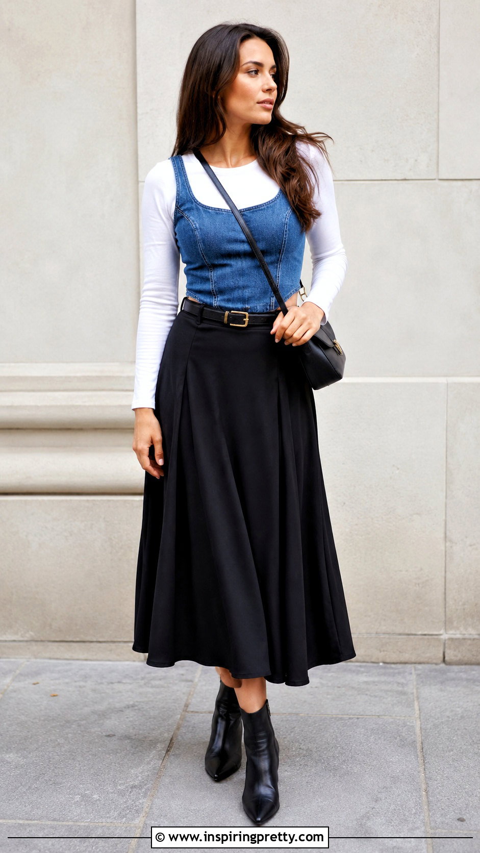 Denim Tank Top Over White Long Sleeve With Midi Skirt - 50 tank top over long sleeve outfit ideas