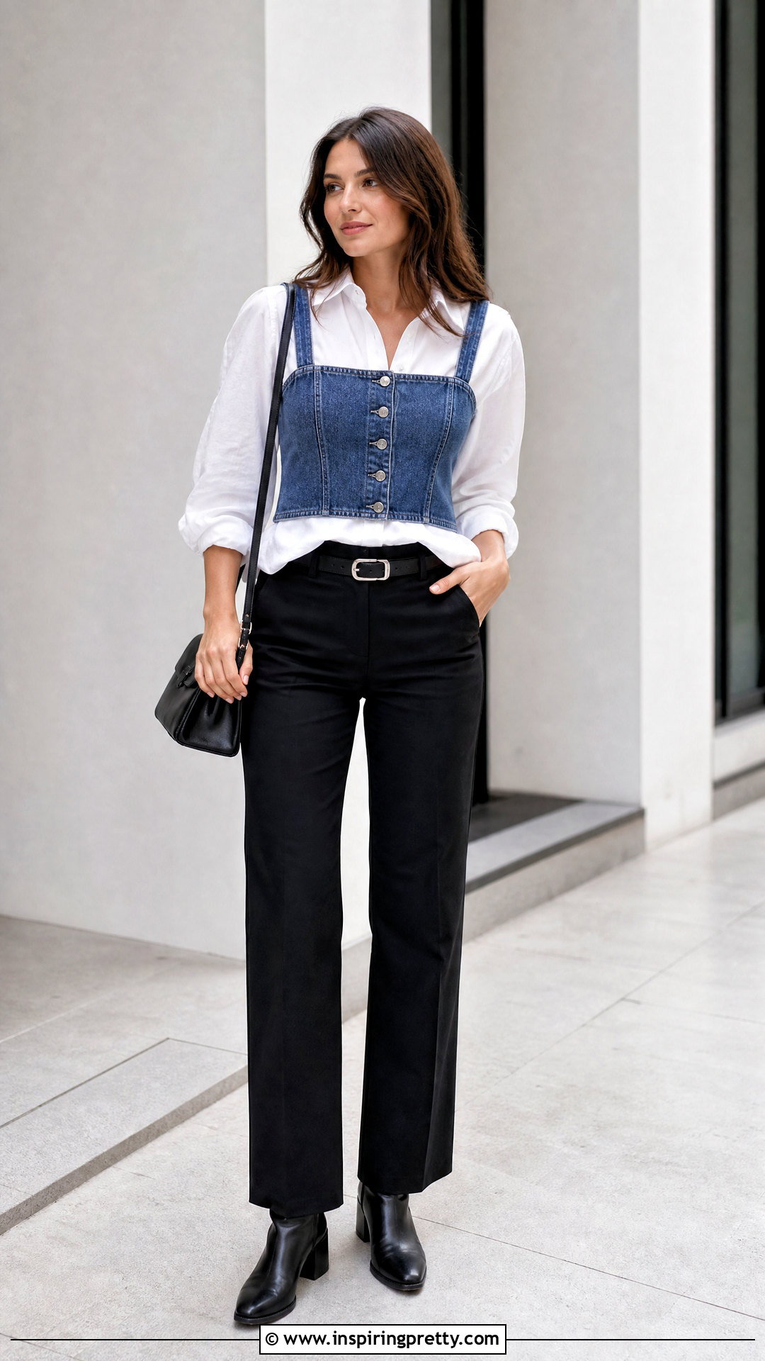 Denim Tank Top Over White Shirt With Black Pants - 50 tank top over shirt outfits