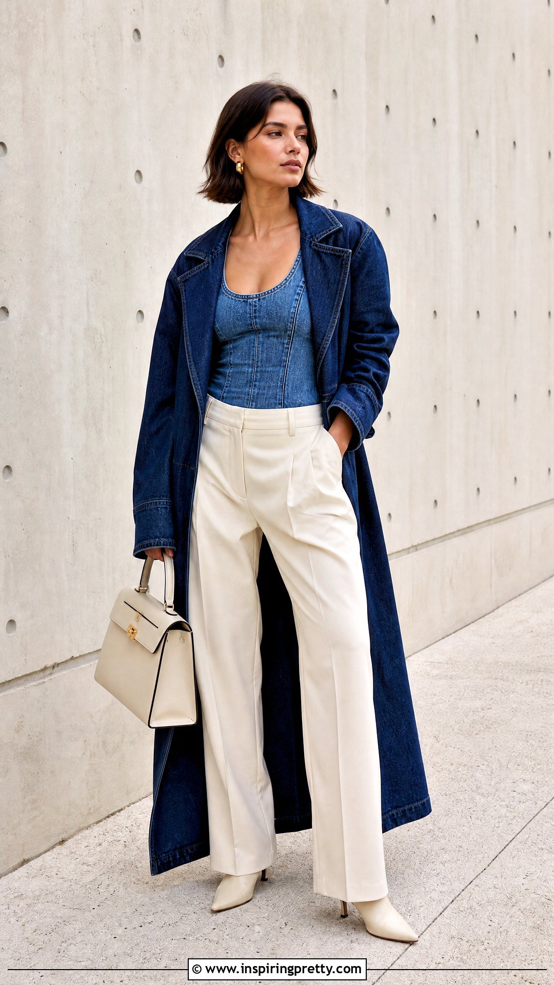 Denim Tank Top With A Long Denim Coat And Trousers - 50 denim tank top outfit ideas