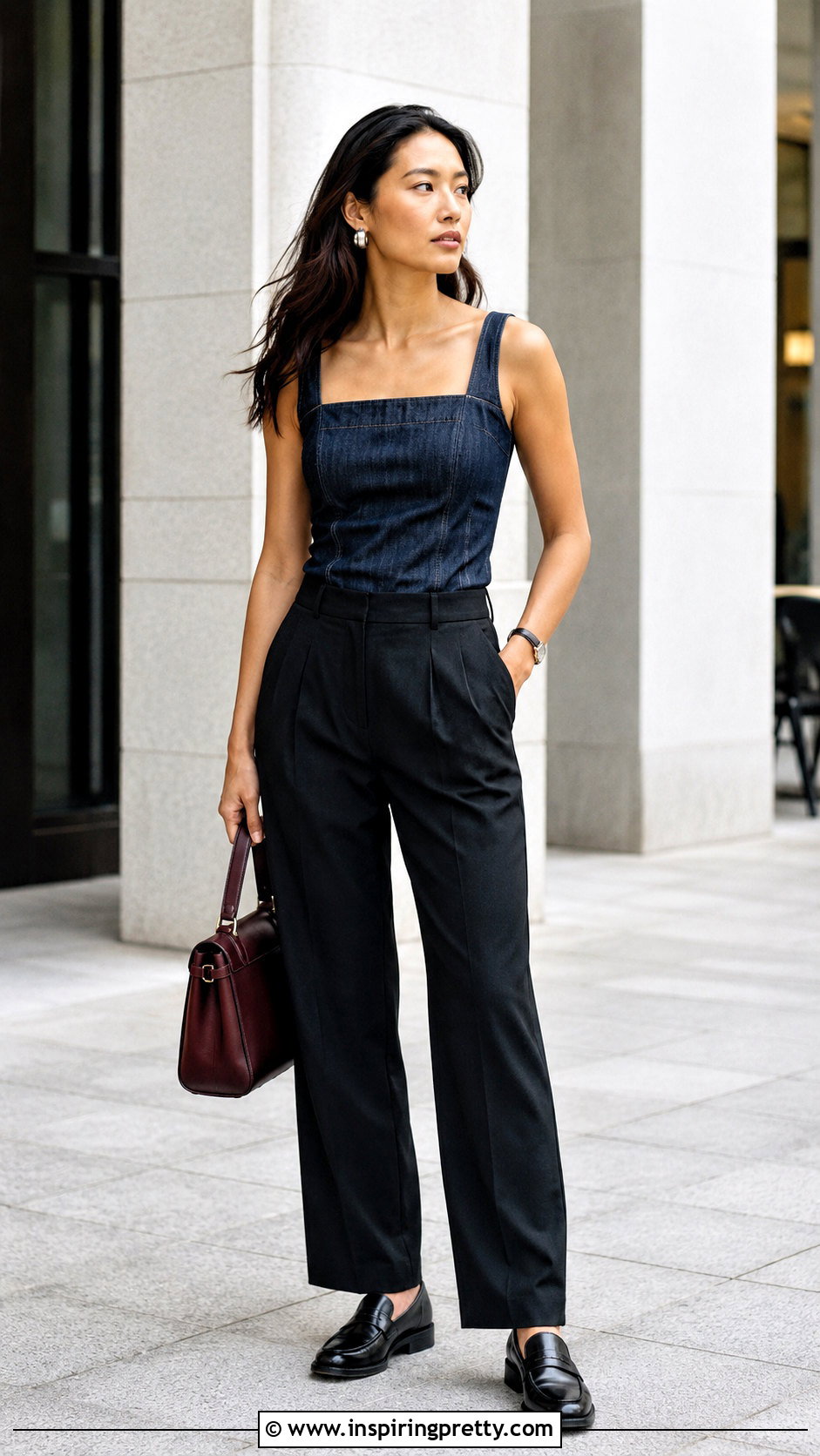 Denim Tank Top With Black Tailored Trousers - what to wear with a denim tank top (25 ways)