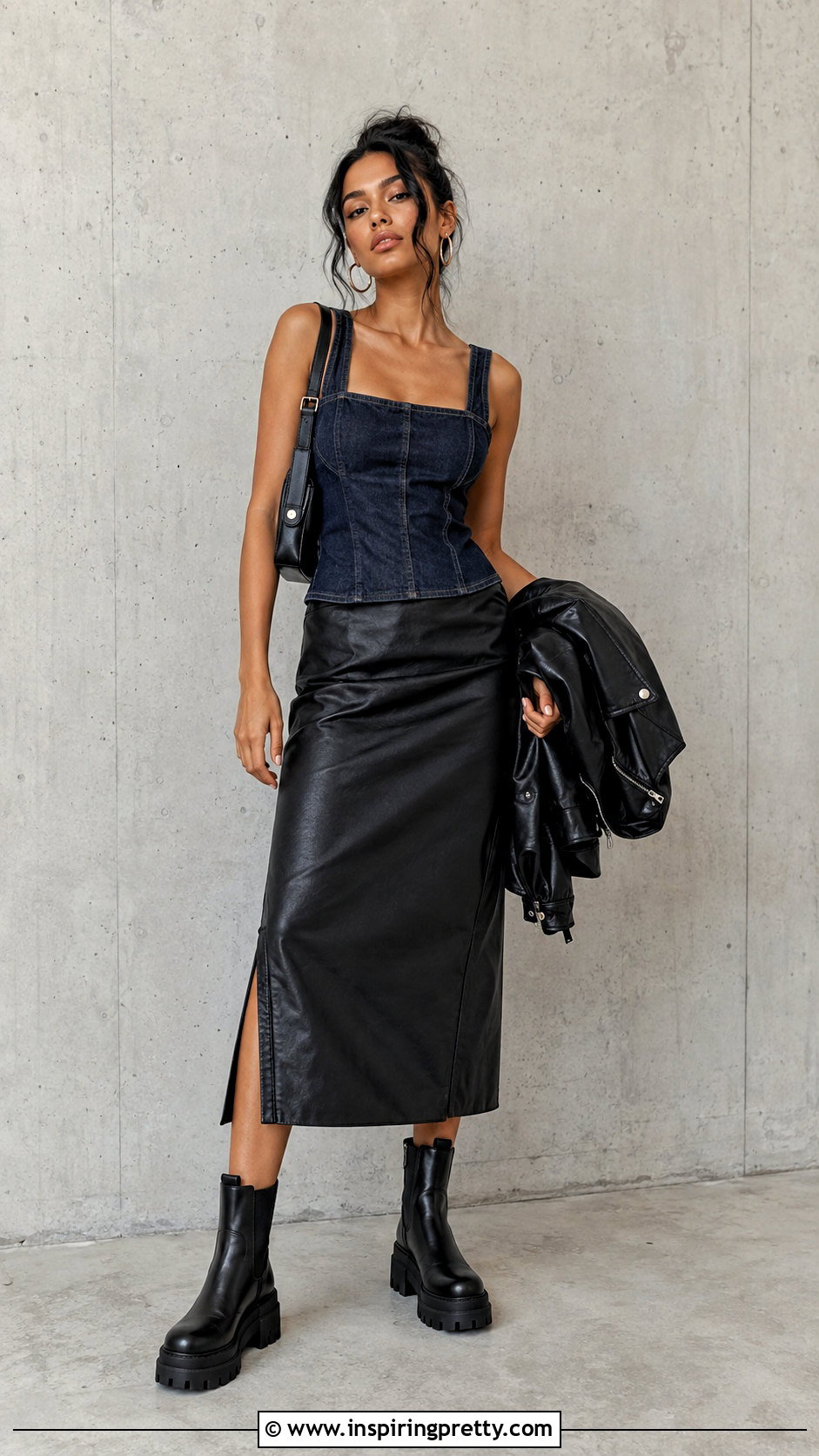 Denim Tank Top With Leather Skirt - 25 Edgy Tank Top Outfit ideas