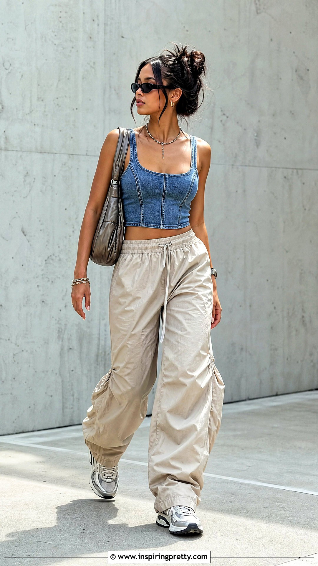 Denim Tank Top With Parachute Pants - 50 denim tank top outfit ideas