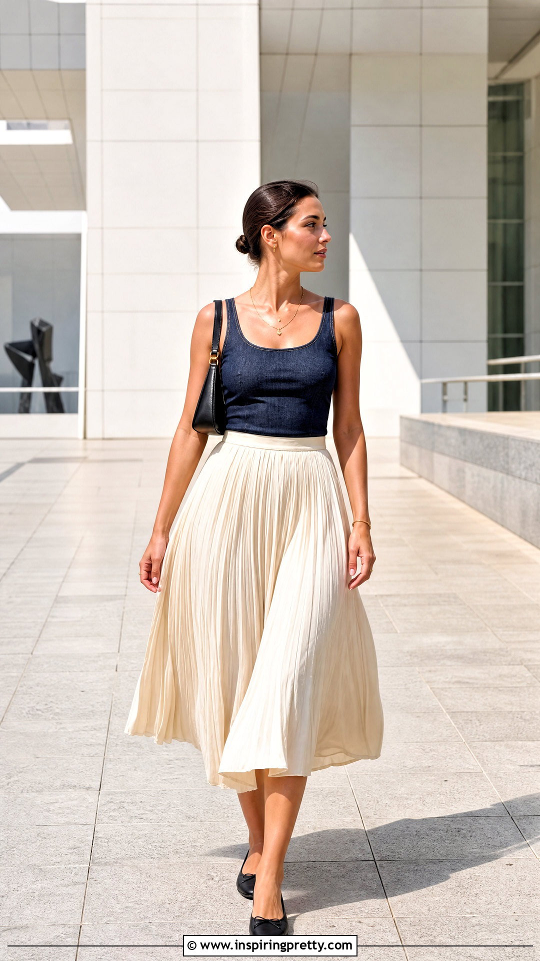 Denim Tank Top With a Pleated Midi Skirt - 50 denim top styling ideas