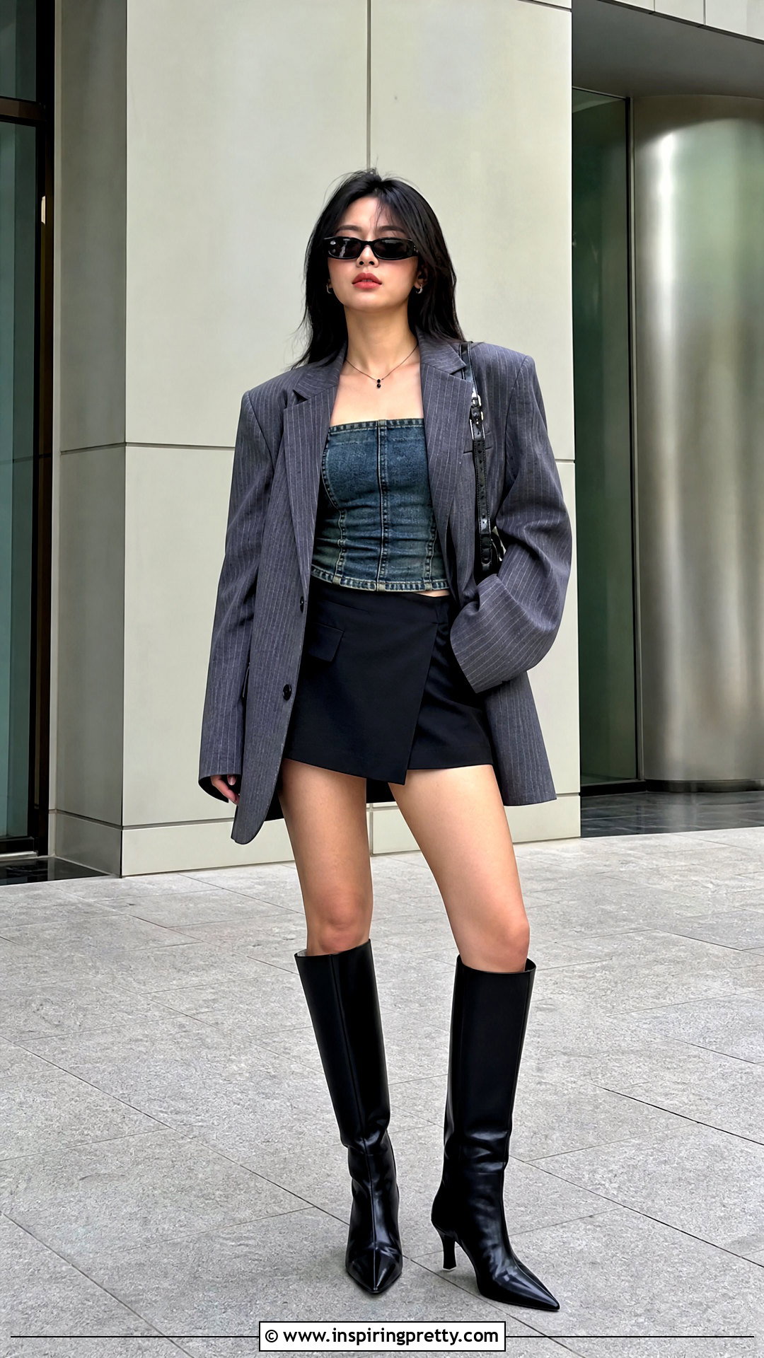 Denim Top With Oversized Blazer And Mini Skirt - 25 bella hadid denim top outfit ideas