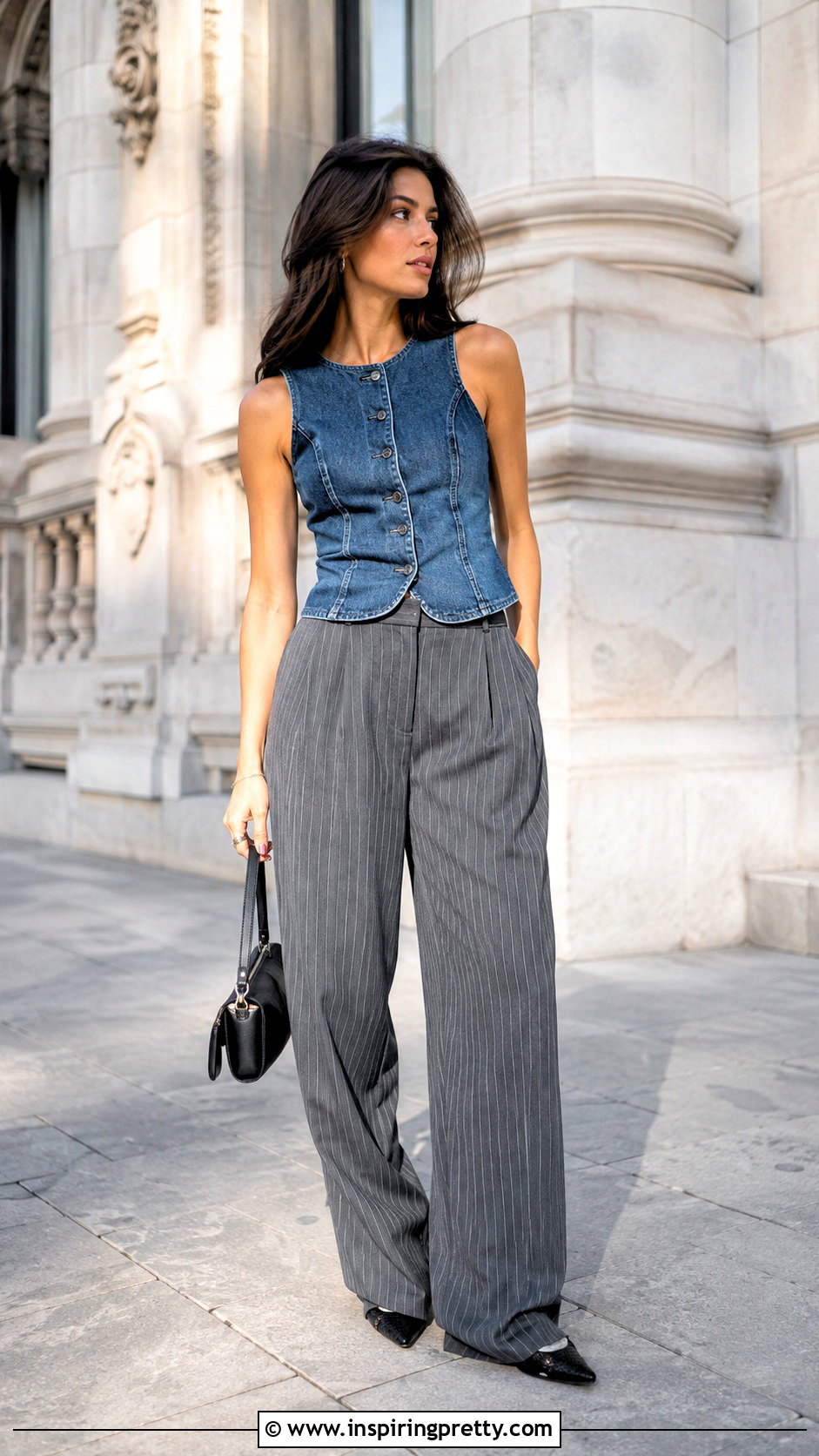Denim Top With Pinstripe Trousers - 50 modern tops outfit ideas