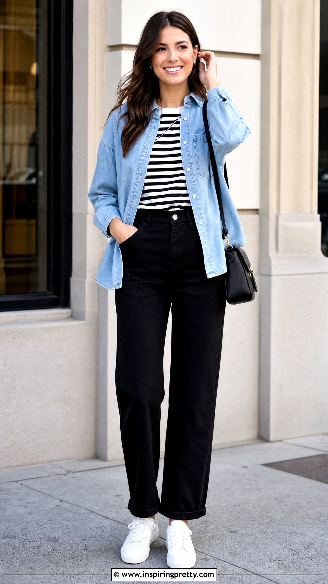 Denim Top With Striped Tee And Black Pants - 50 denim top outfit ideas