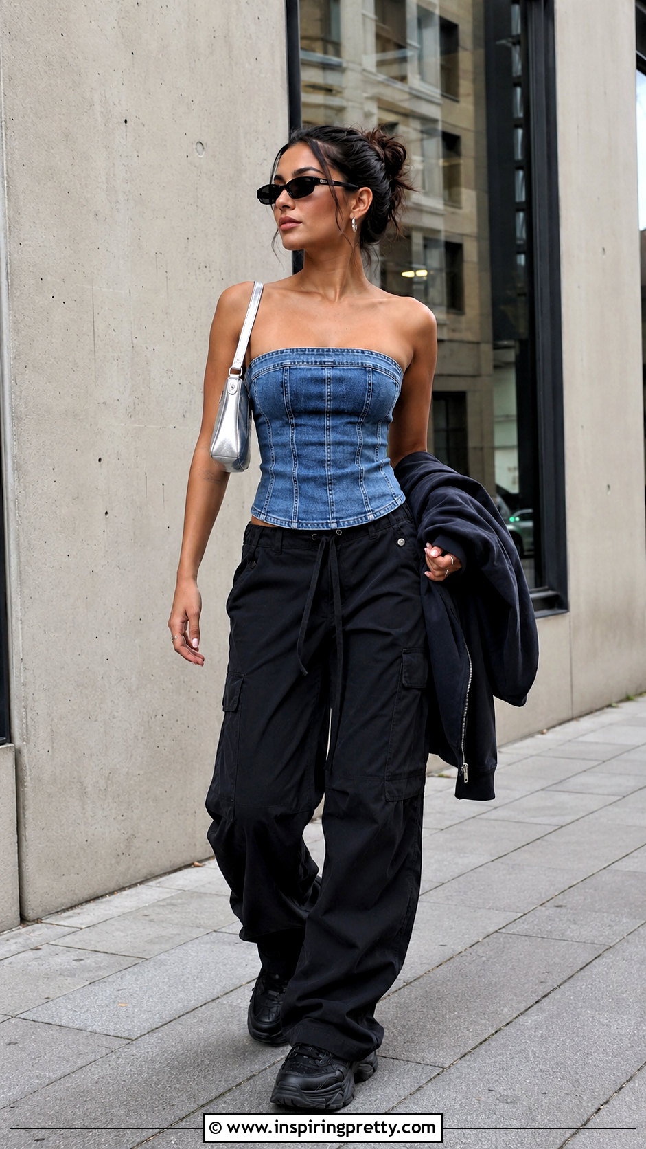 Denim Tube Top With Black Cargo Pants - 50 denim tube top outfit ideas