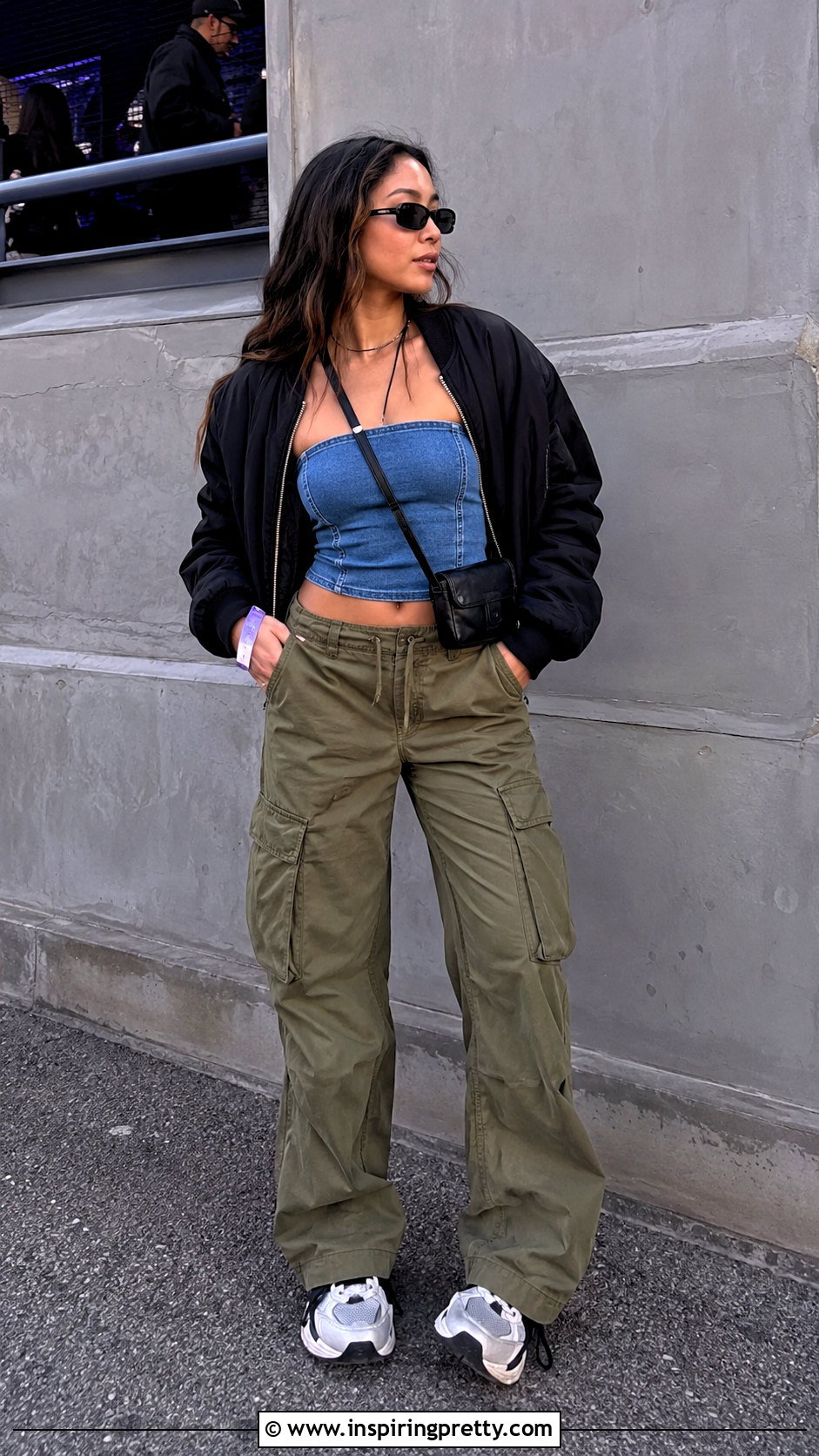 Denim Tube Top With Bomber Jacket And Cargo Pants - 50 denim tube top outfit ideas