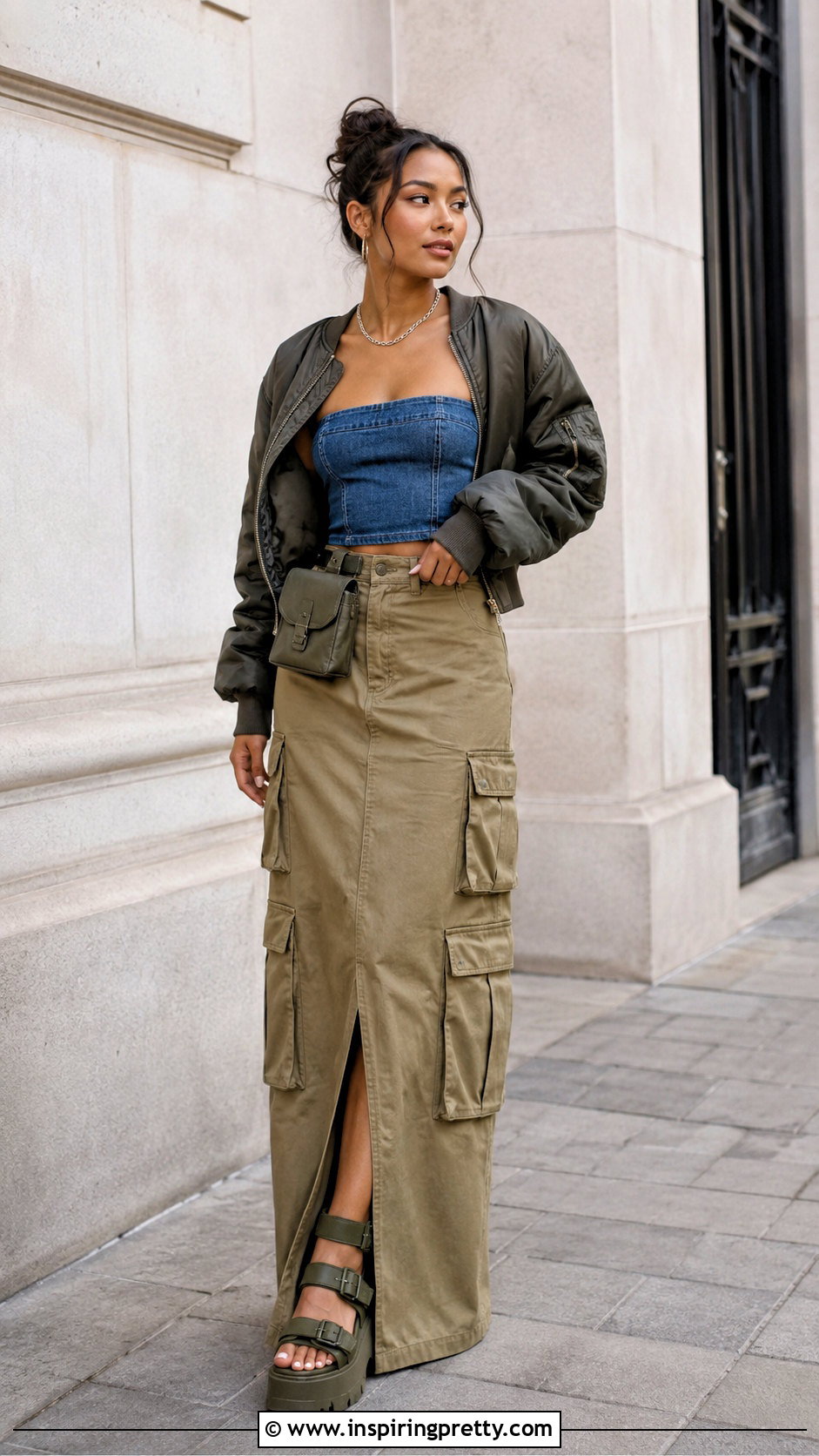 Denim Tube Top With Cargo Maxi Skirt - 50 denim tube top outfit ideas