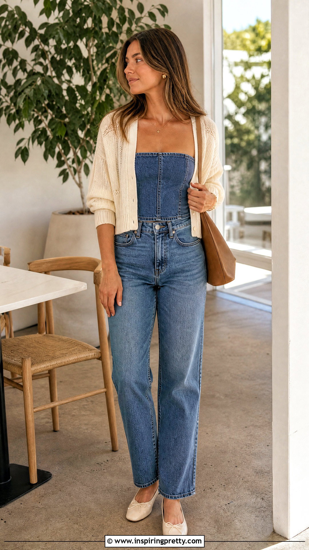 Denim Tube Top With Cream Knit Cardigan And Jeans - what to wear with denim tube top (25 ways)