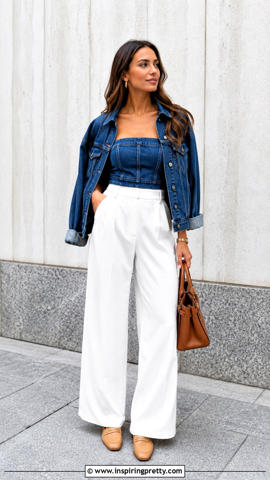 Denim Tube Top With Denim Jacket And White Pants - 50 denim tube top outfit ideas