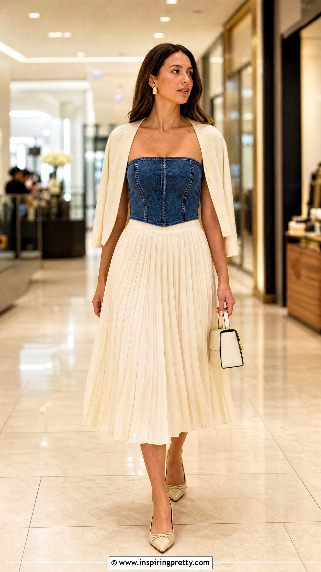 Denim Tube Top With Pleated Midi Skirt - what to wear with denim tube top (25 ways)