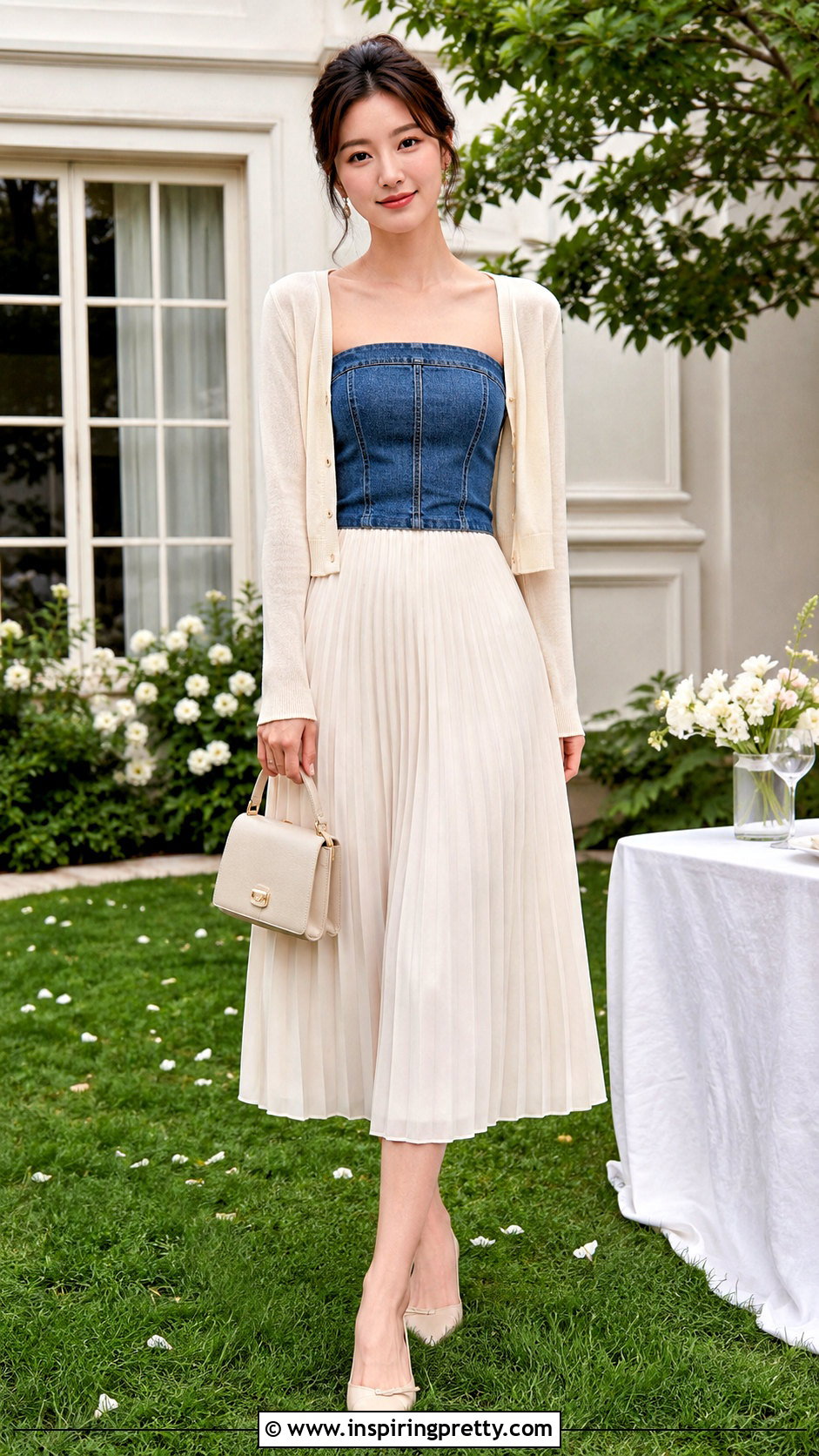 Denim Tube Top With Pleated Midi Skirt - 50 denim tube top outfit ideas