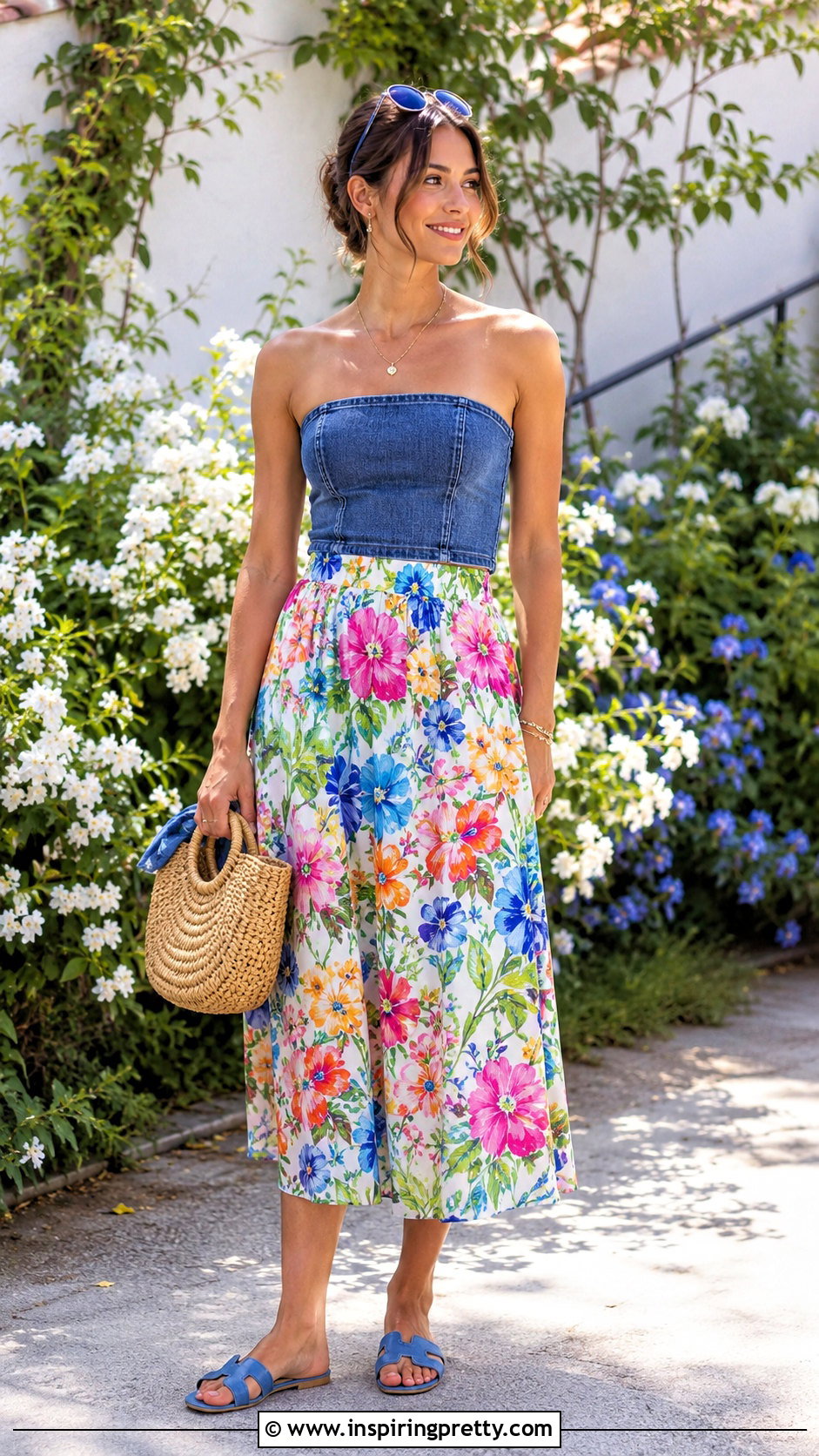 Denim Tube Top With Printed Midi Skirt - 50 denim tube top outfit ideas