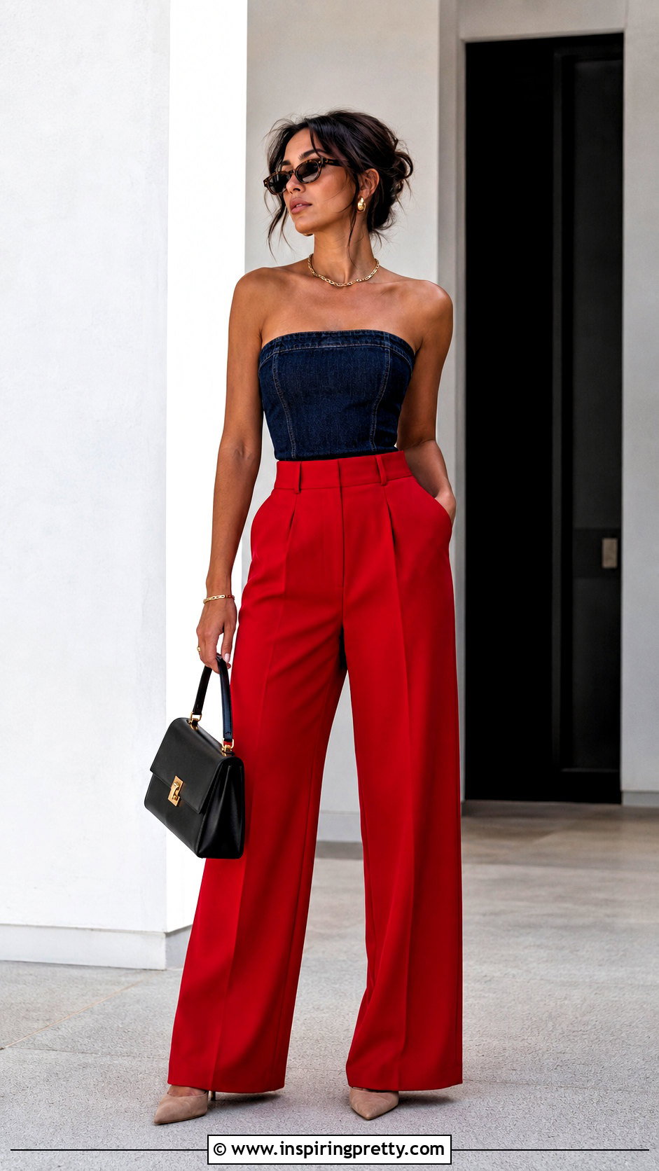 Denim Tube Top With Red Trousers - 50 denim tube top outfit ideas