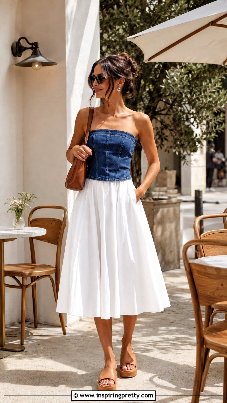 Denim Tube Top With White Midi Skirt - 25 Tube Top Skirt Dress outfit ideas