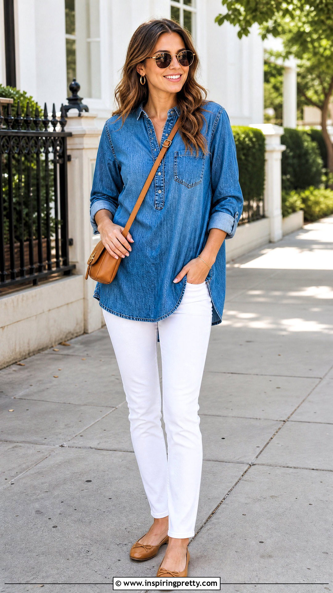 Denim Tunic Top With White Jeans And Tan Flats - 20 pants to wear with tunic tops outfit ideas
