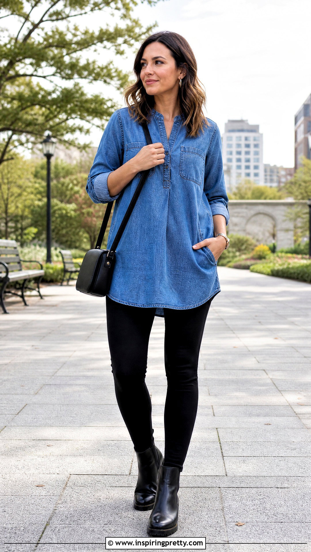 Denim Tunic With Black Leggings - 50 tunic tops outfit ideas
