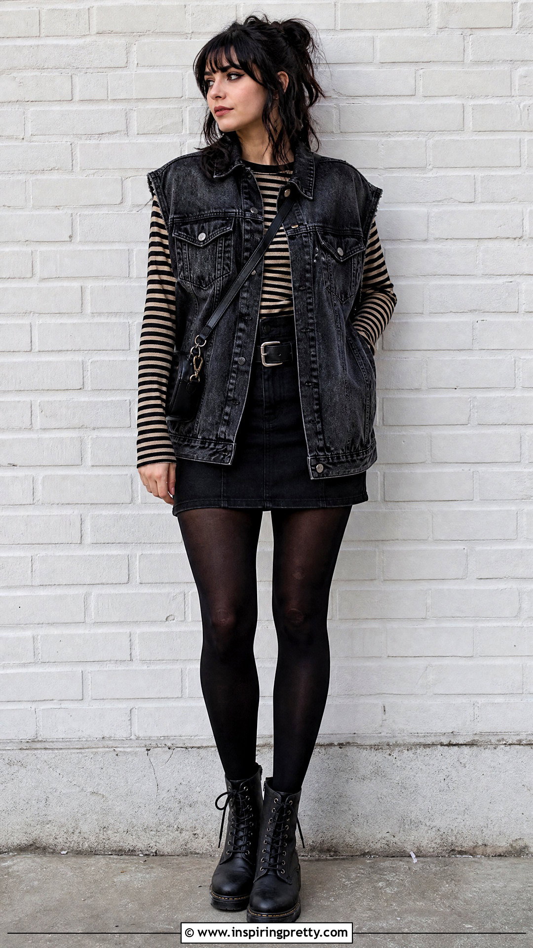 Denim Vest Over Long Sleeve Tee Grunge Outfit - 20 Layered Tops Outfits Grunge Ideas