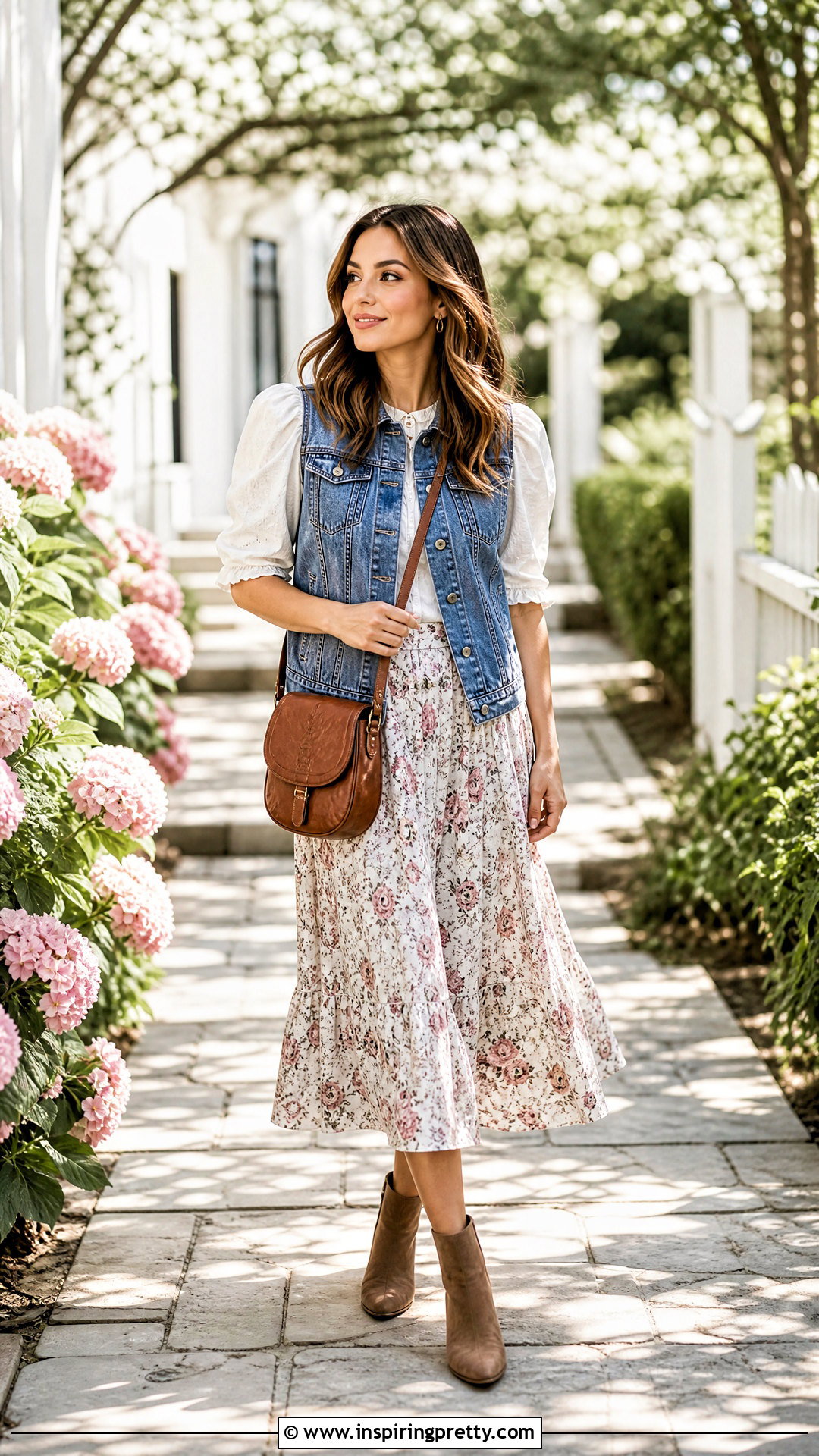 Denim Vest Over Puff Sleeve Blouse Outfit - 50 layered tops outfits