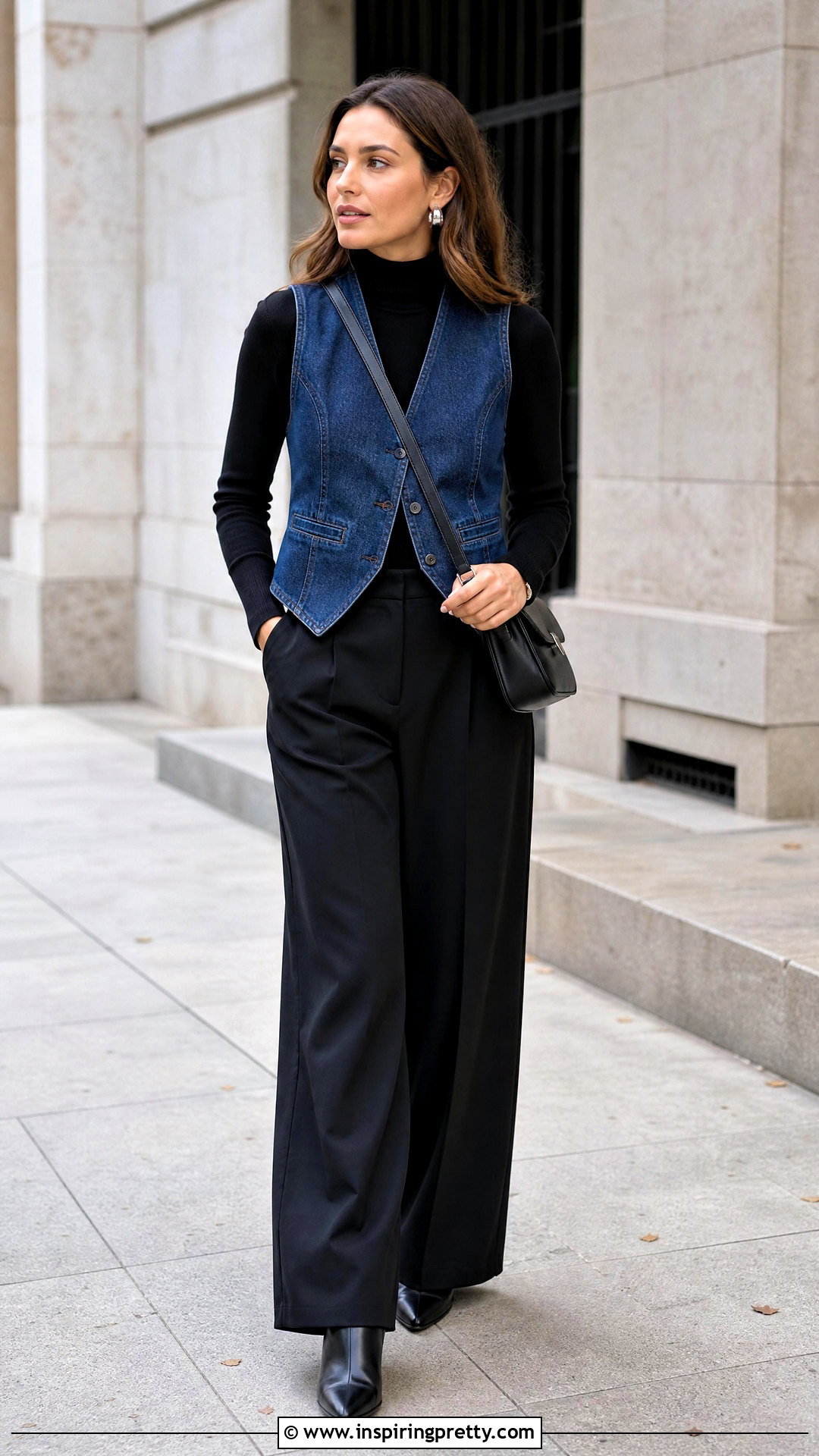 Denim Vest Over a Black Turtleneck - 50 denim top styling ideas