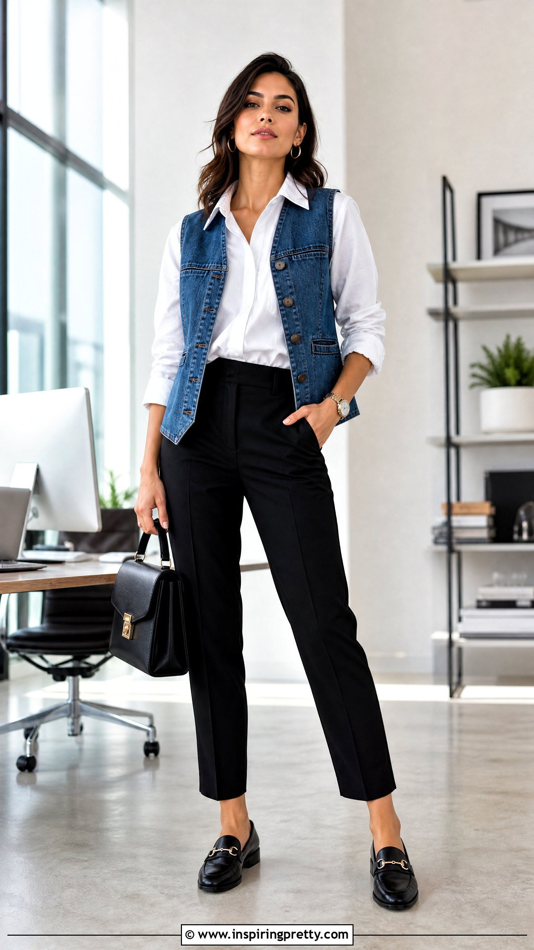 Denim Vest Over a White Button Down Shirt - 50 denim top styling ideas
