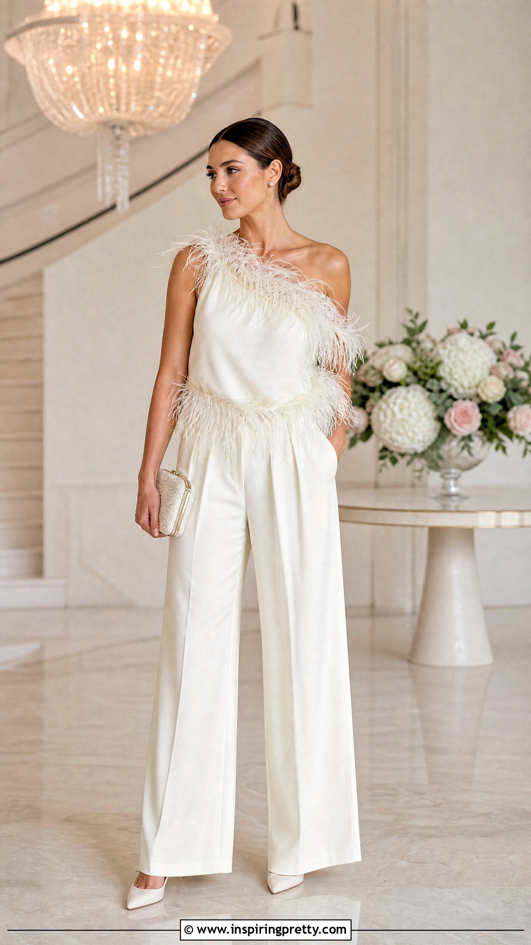 Designer Feather Trim Top With Wide Leg Pants - 50 designer tops outfit ideas